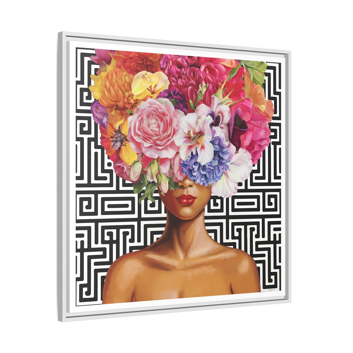 Framed Art Canvas: Vibrant Floral Portrait Decor, Boho Wall Art, Home Gallery, Gift for Her, Inspirational Art, Woman With Flower Head - LOLA VEGAS ART
