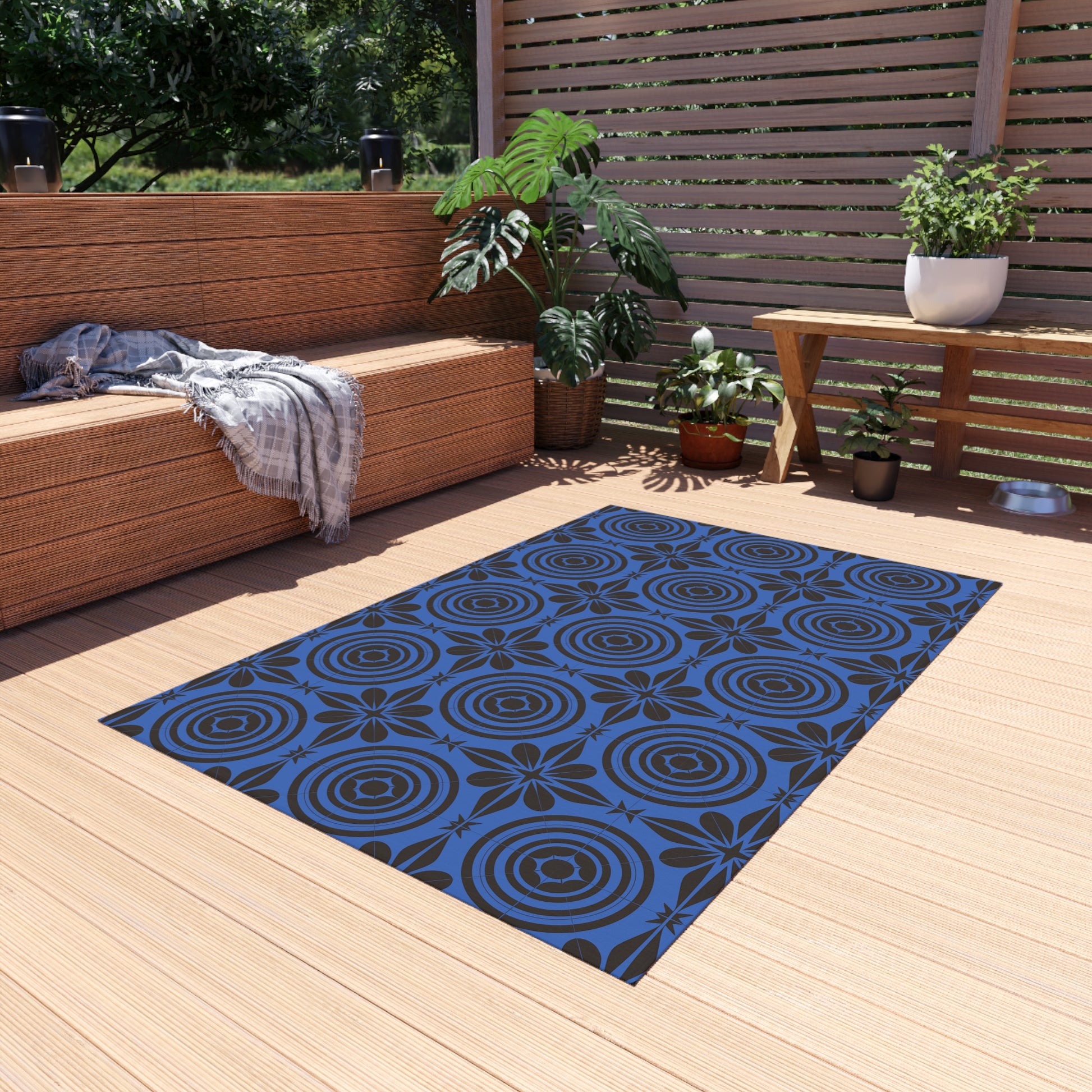 Blue and Black Outdoor Area Rug, Bohemian Patio Carpet, Garden Mat, Outdoor Living Decor, Front Porch Rug, All-Weather Floor Covering - LOLA VEGAS ART
