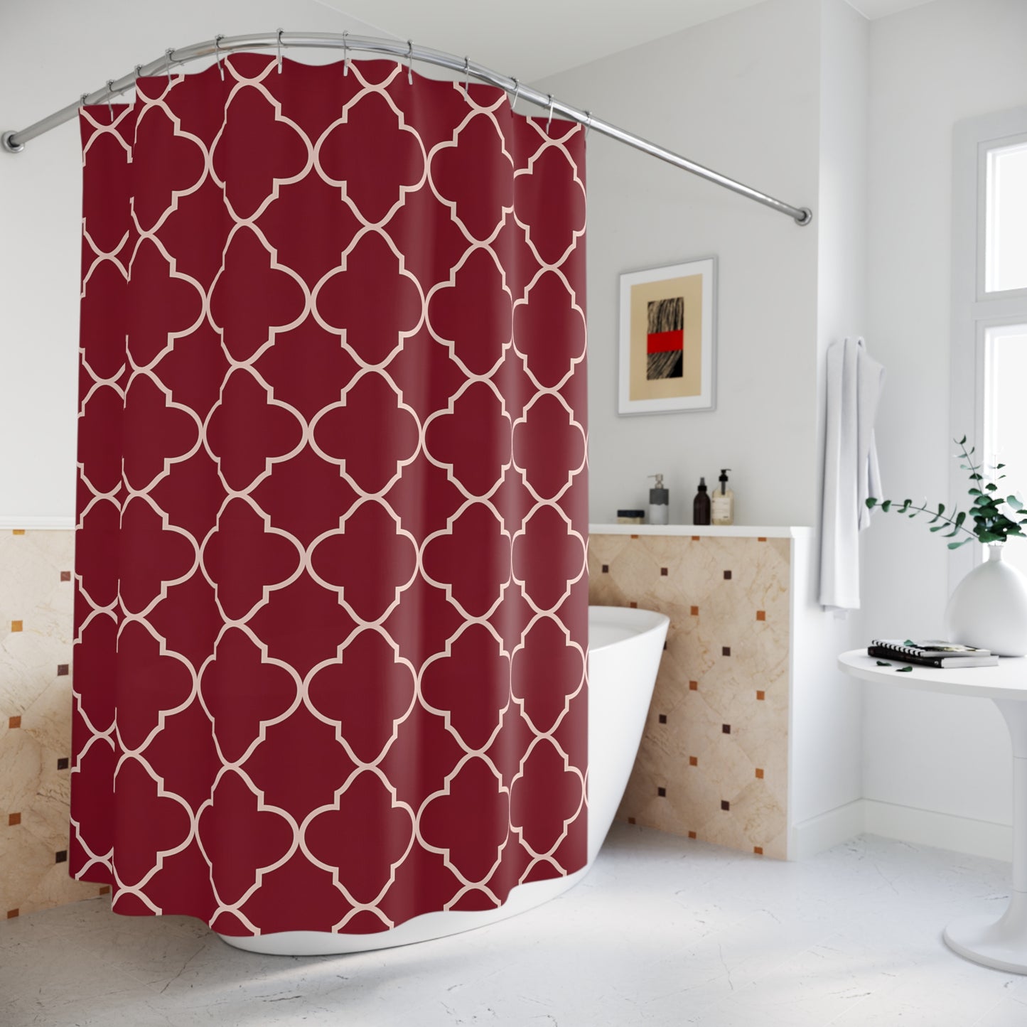 Elegant Geometric Shower Curtain, Stylish Bathroom Decor, Modern Home, Holiday Gift Idea, Luxe Bathroom, Dark Red Moroccan Quatrefoil - LOLA VEGAS ART