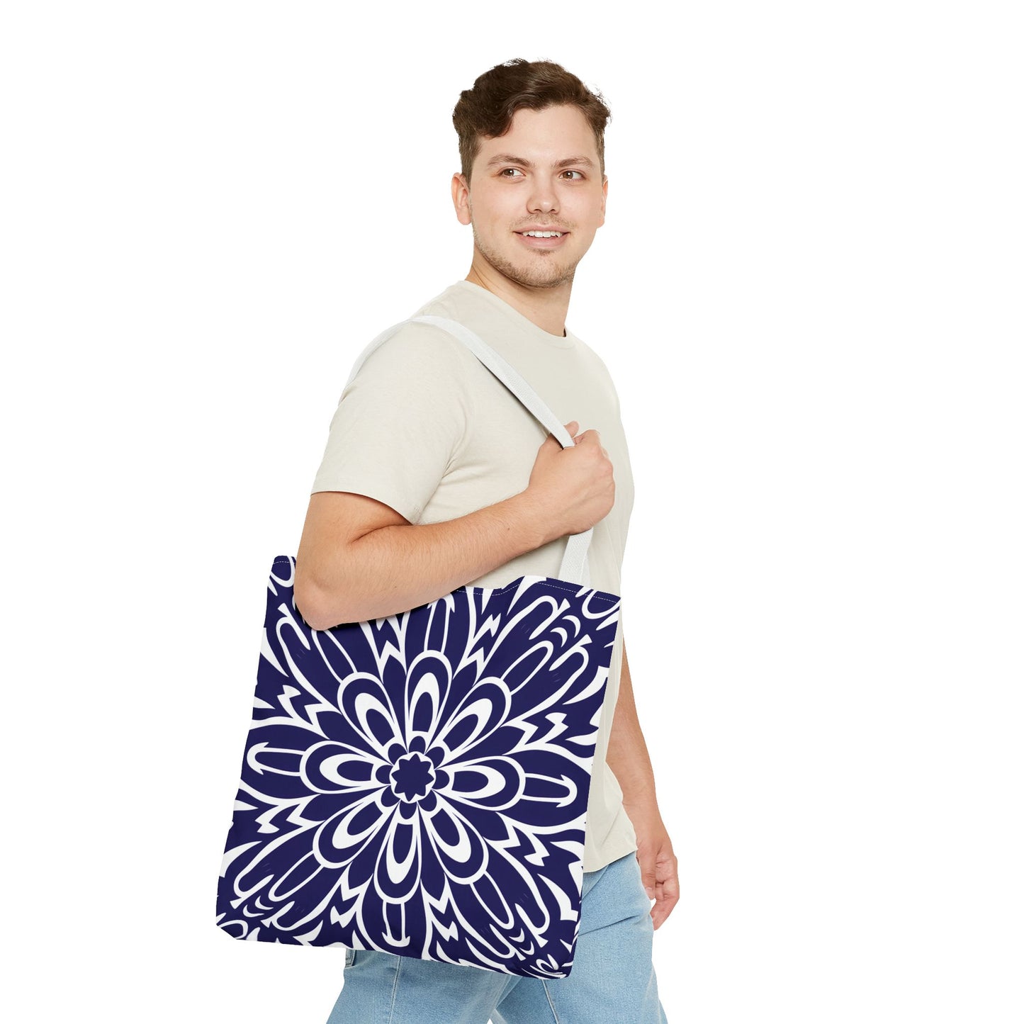 Vibrant Navy Blue and White Floral Tote Bag, Boho Chic Shopper Bag, Eco-Friendly Grocery Tote, Stylish Beach Bag, Gift for Mom or Bride - LOLA VEGAS ART