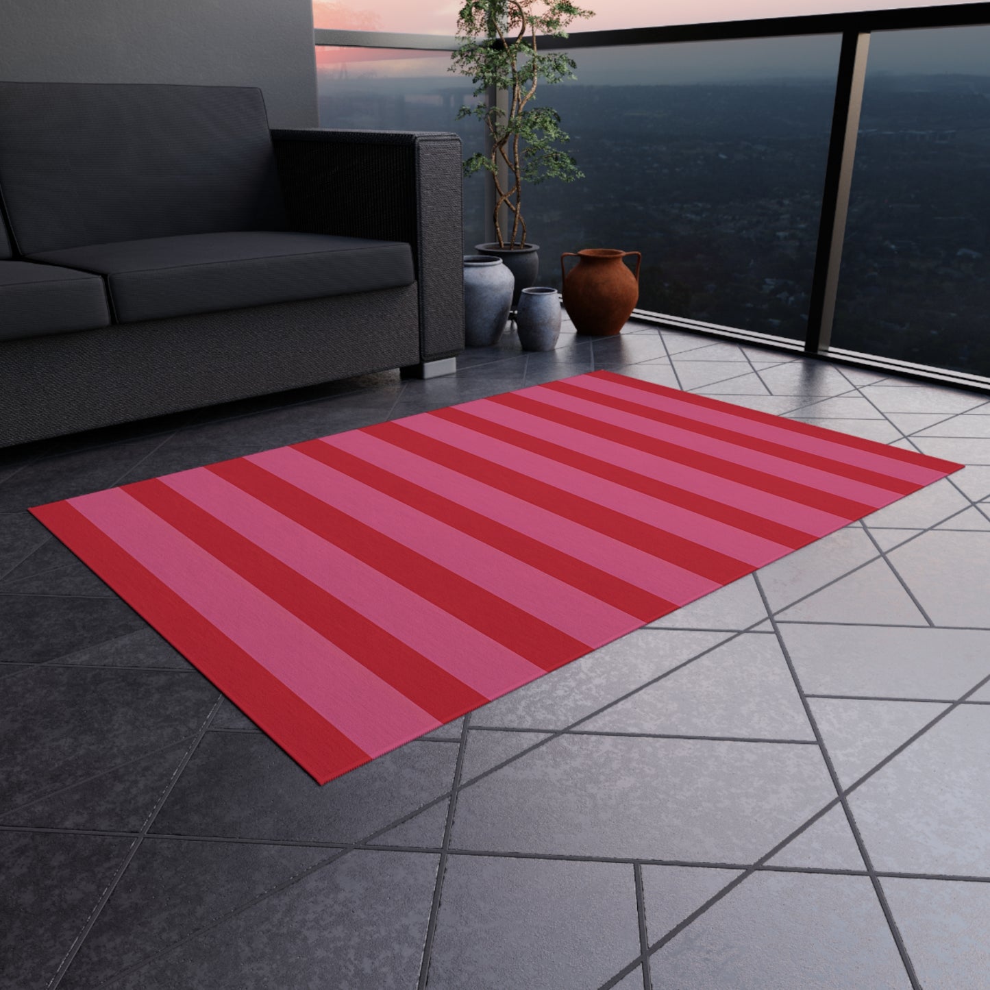Bold Pink Red Striped Outdoor/Indoor Rug | Waterproof Patio Mat