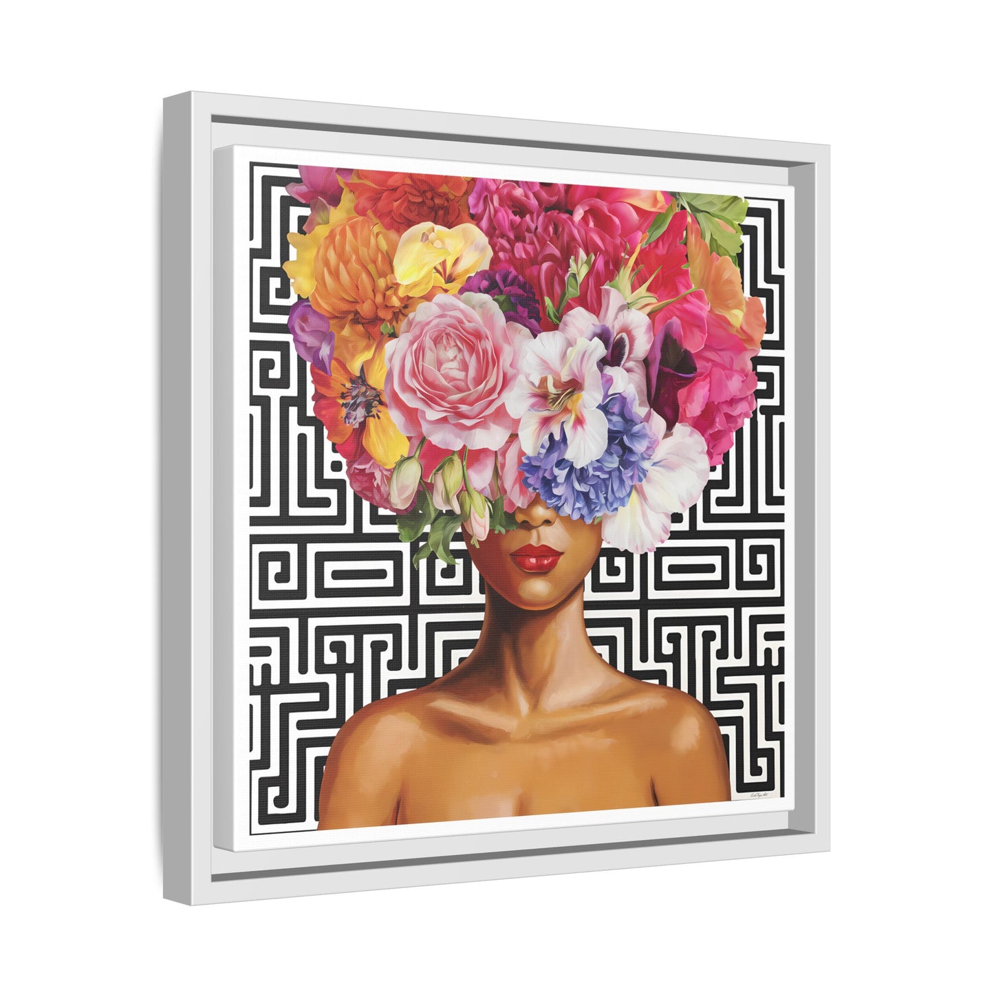 Framed Art Canvas: Vibrant Floral Portrait Decor, Boho Wall Art, Home Gallery, Gift for Her, Inspirational Art, Woman With Flower Head - LOLA VEGAS ART