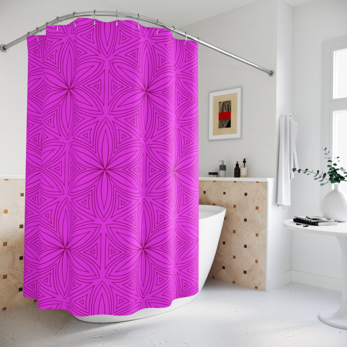 Geometric Floral Pattern Shower Curtain | Fuchsia Pink Mandala Bath