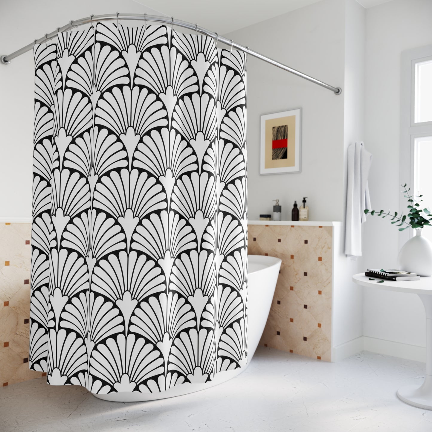 Art Deco Fan Pattern Shower Curtain | Black White Geometric