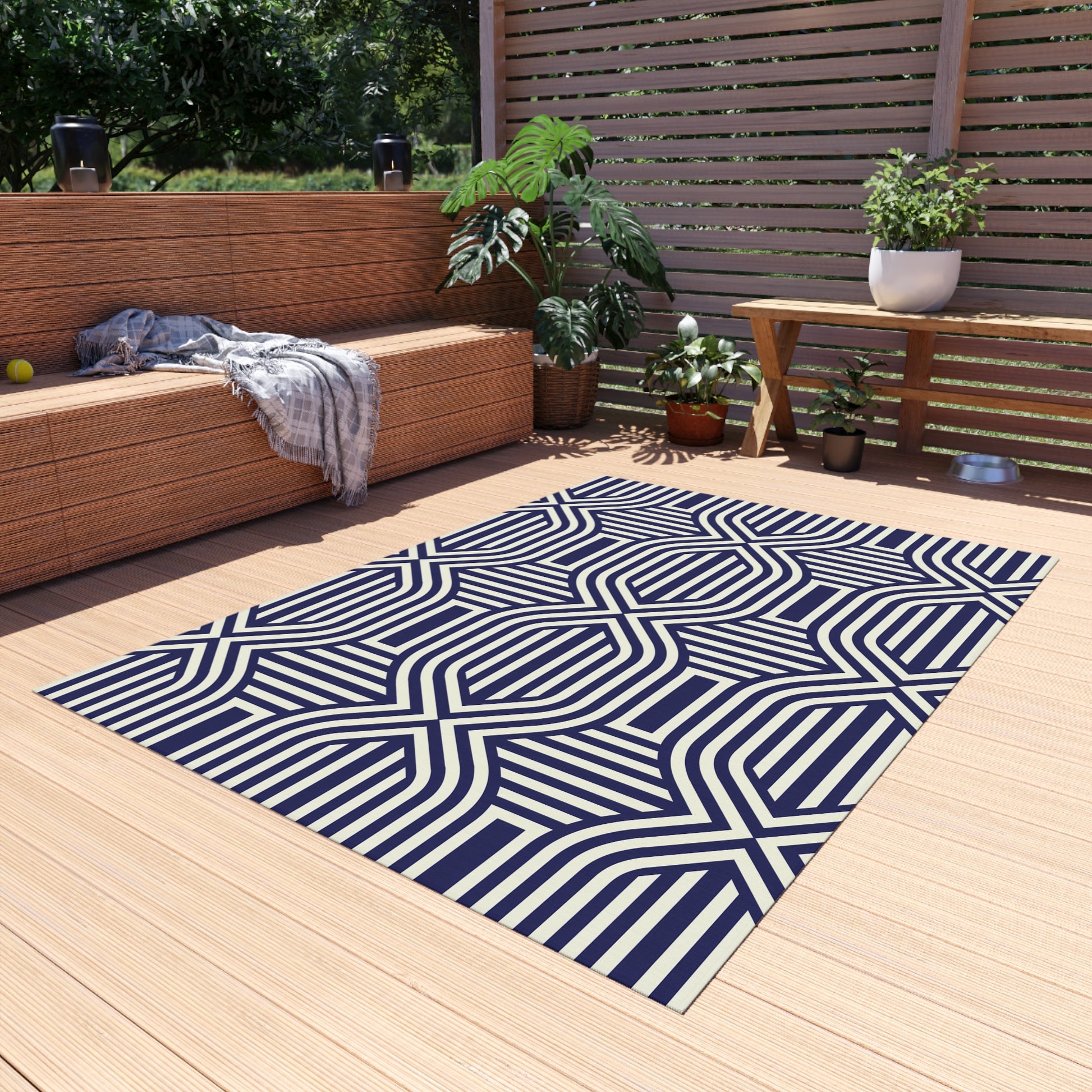 Navy and White Stylish Outdoor Rug, Patio Decor, Garden Mat, Indoor-Outdoor Area Rug, Beach Blanket, Porch Accent, Home Decoration - LOLA VEGAS ART