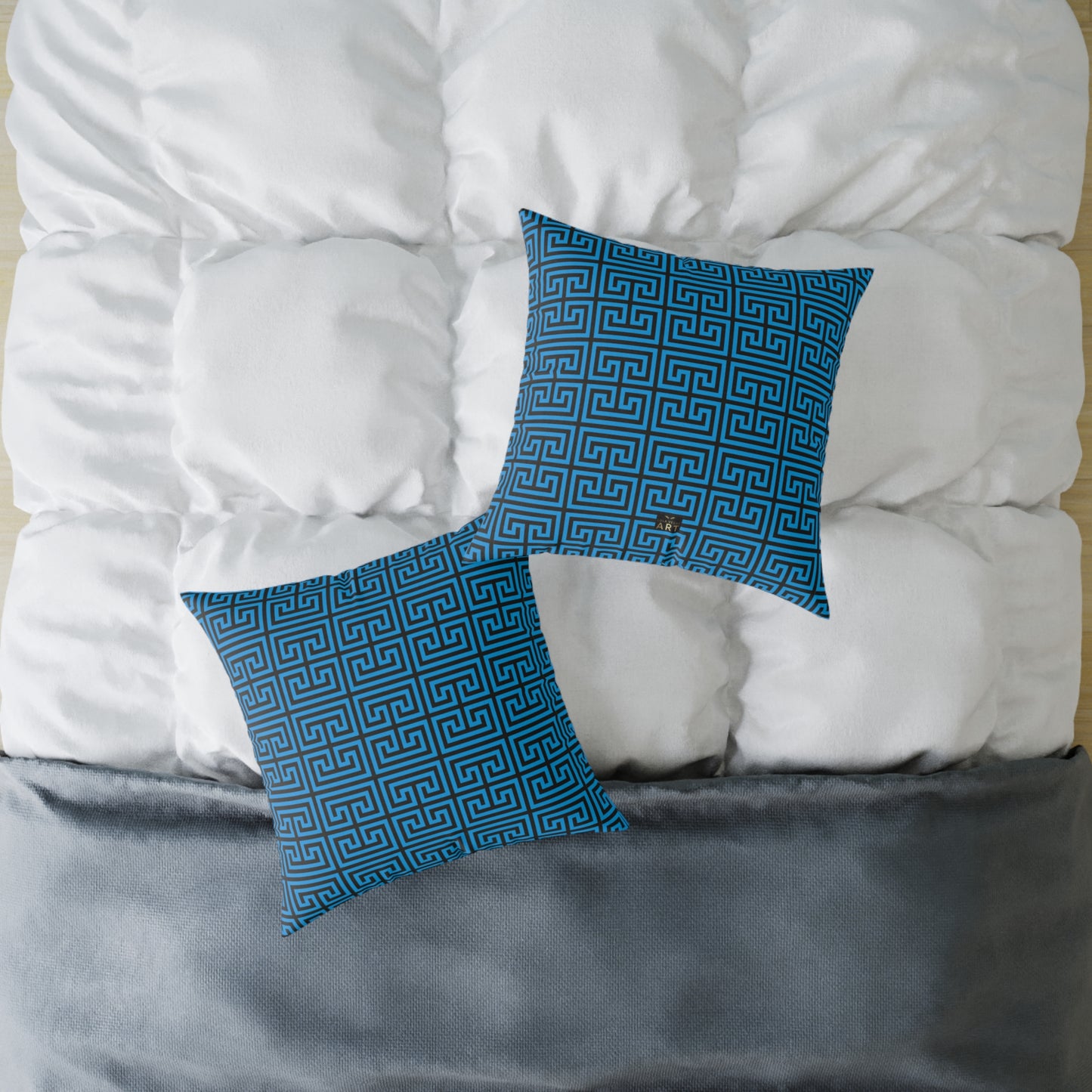 Nautical Greek Key Pattern Square Pillow | Blue Geometric Throw Pillow