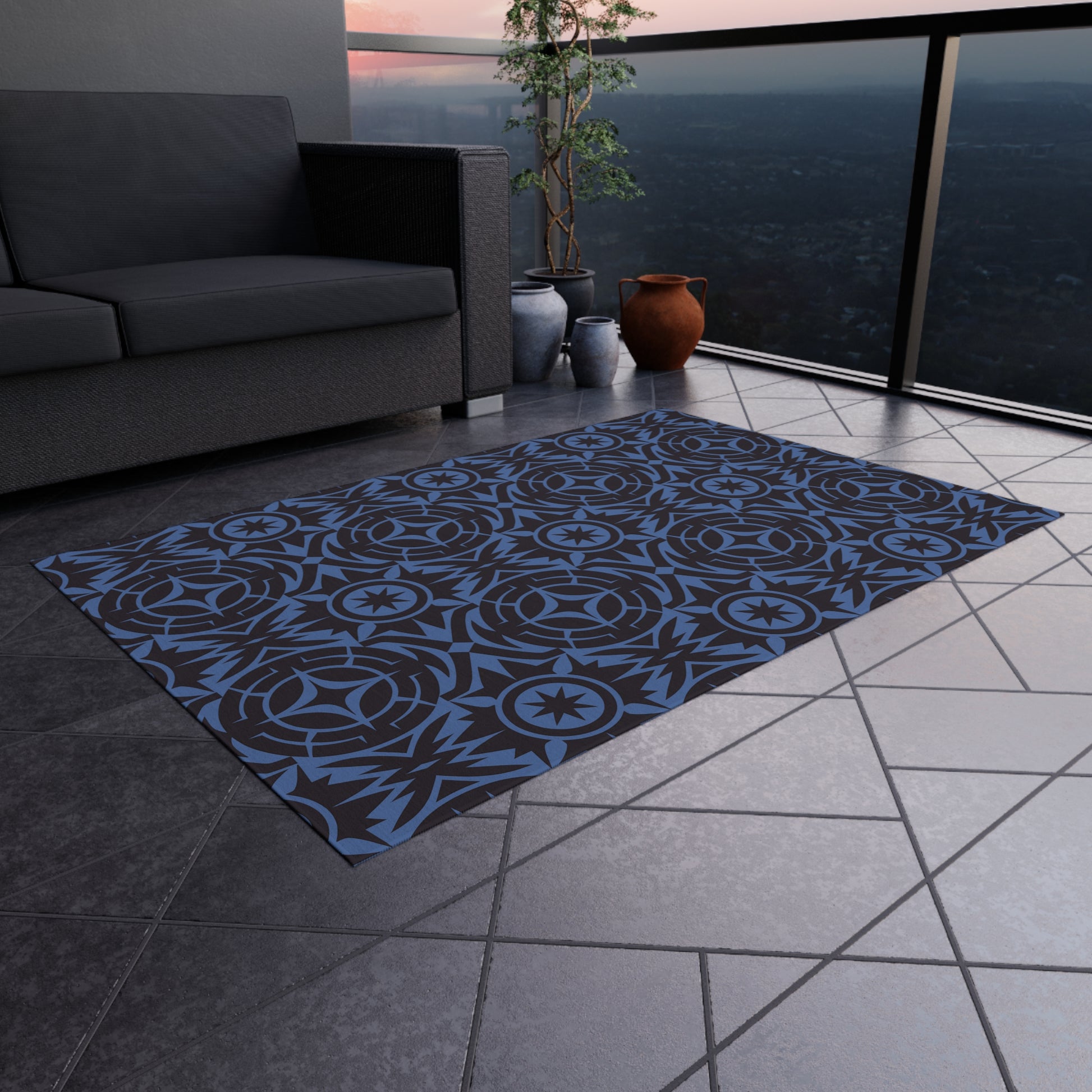 Blue and Black Stylish Outdoor Rug for Patios, Decks, and Porches, Durable Decorative Mat, Outdoor Living Essentials, Seasonal Decorations - LOLA VEGAS ART