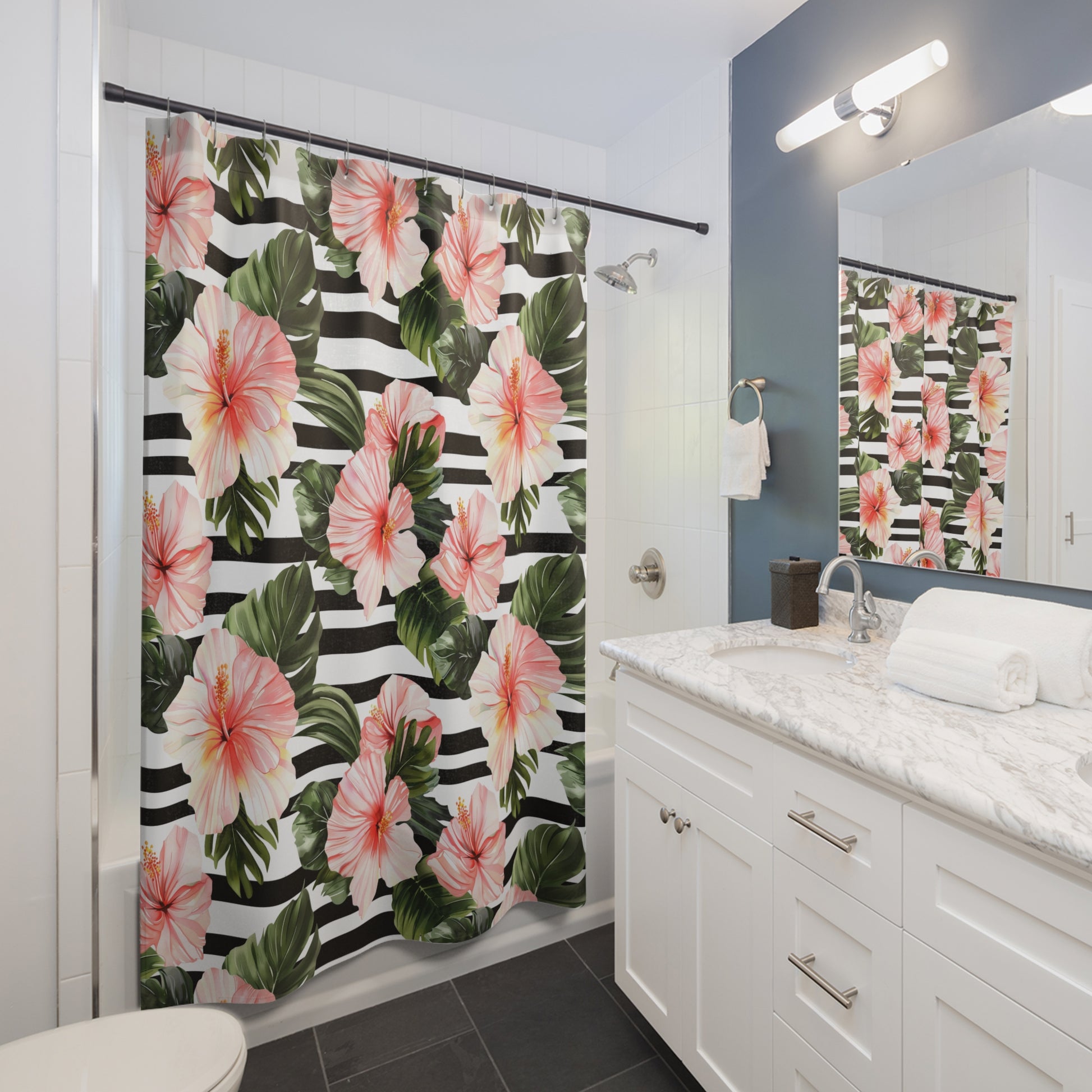 Tropical Floral Shower Curtain - Vibrant Bathroom Decor, Tropical Vibe, Beach House, Gift Idea, Hibiscus Pattern - LOLA VEGAS ART