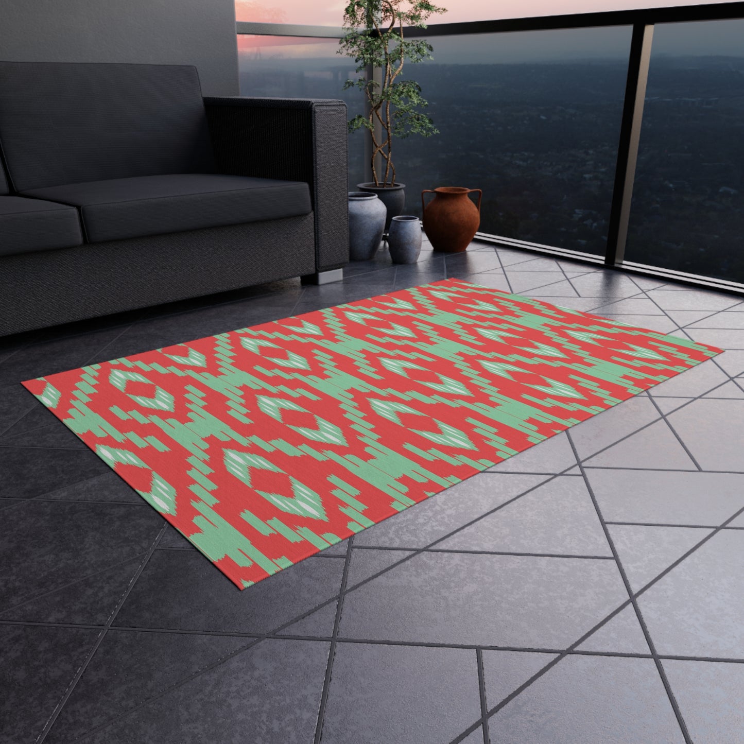 Coral Green l Ikat Pattern Outdoor/Indoor Rug | Geometric Patio Mat