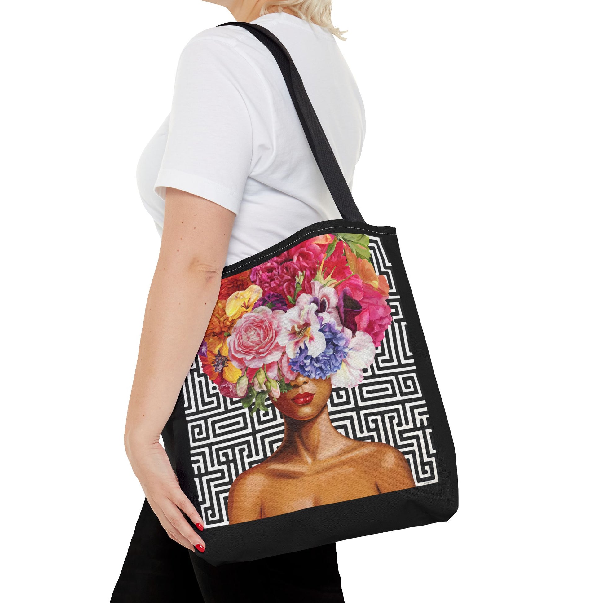 Bohemian Floral Tote Bag, Eco-Friendly Bag, Shopping Tote, Beach Bag, Gift for Her, Summer Vibes, Woman With Flowers On Her Head - LOLA VEGAS ART