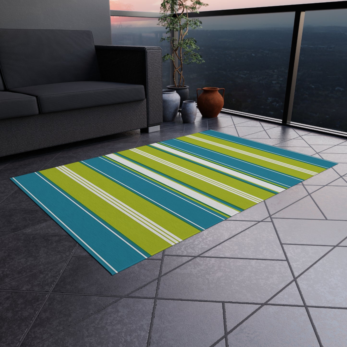 Blue Green White Stripe Outdoor/Indoor Rug | Patio Mat, Weather-Resistant