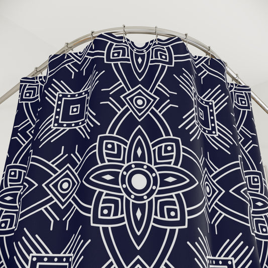Navy Geometric Mandala Shower Curtain | Boho Tile Pattern