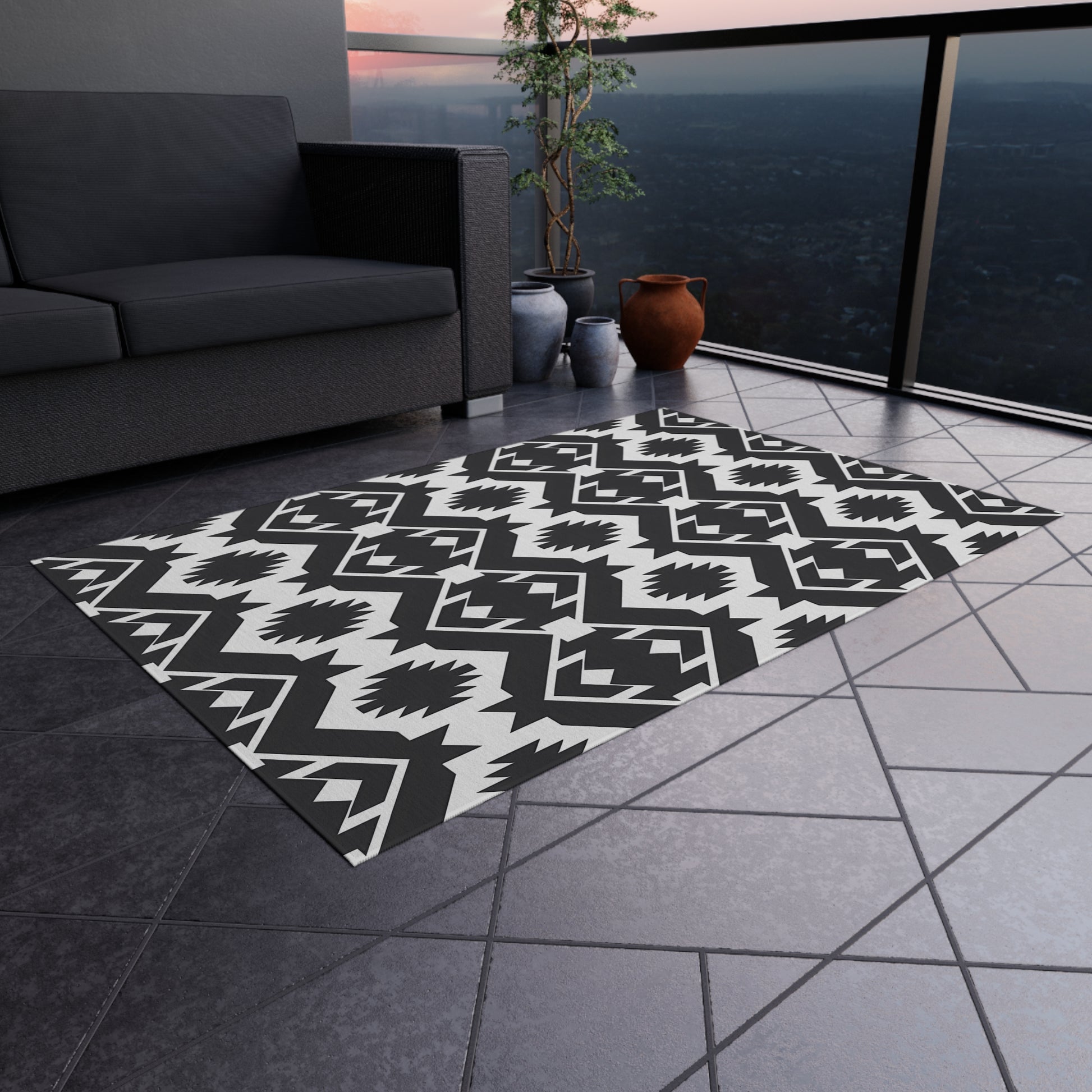 Black and White Southwestern Stylish Outdoor Rug for Patio, Boho Home Decor, Indoor-Outdoor Mat, Modern Area Rug, Garden Party Essential - LOLA VEGAS ART