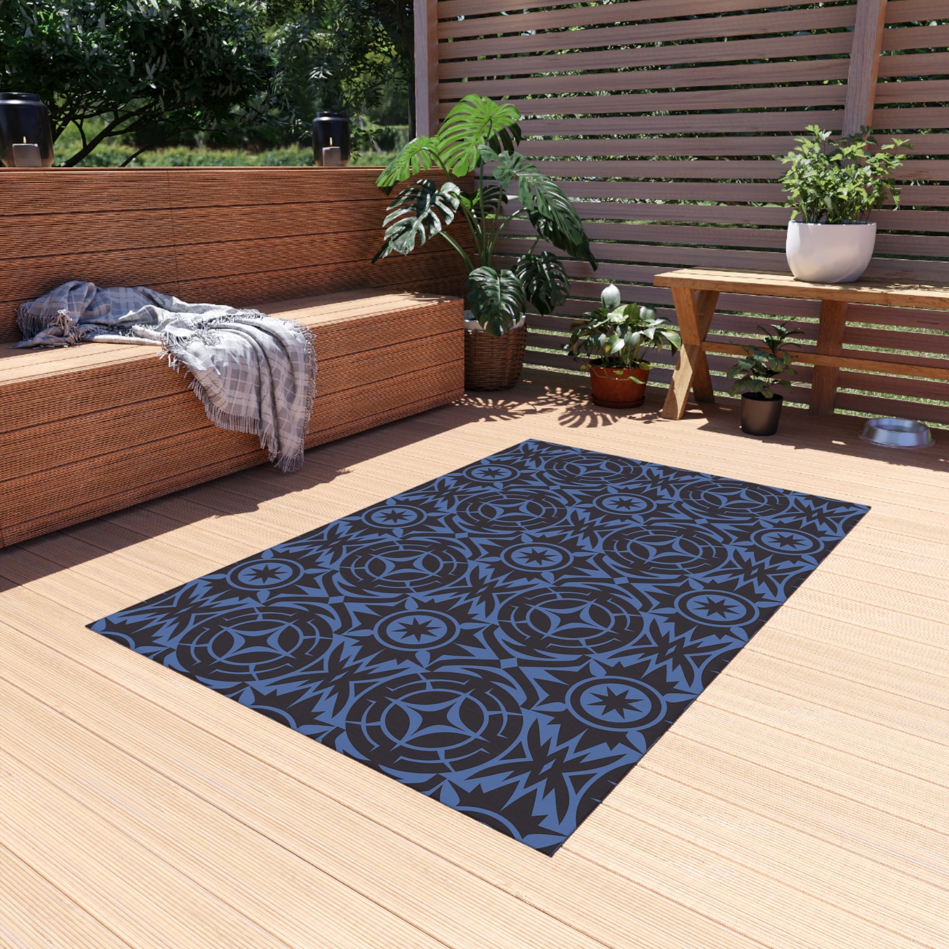 Blue and Black Stylish Outdoor Rug for Patios, Decks, and Porches, Durable Decorative Mat, Outdoor Living Essentials, Seasonal Decorations - LOLA VEGAS ART