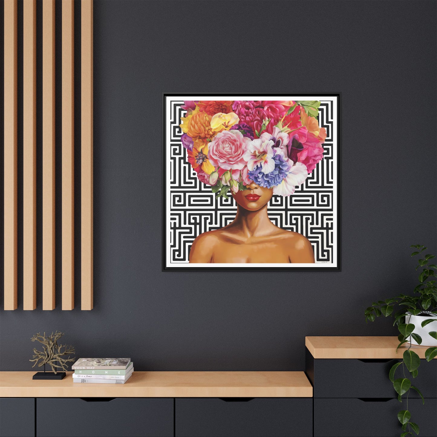 Framed Art Canvas: Vibrant Floral Portrait Decor, Boho Wall Art, Home Gallery, Gift for Her, Inspirational Art, Woman With Flower Head - LOLA VEGAS ART