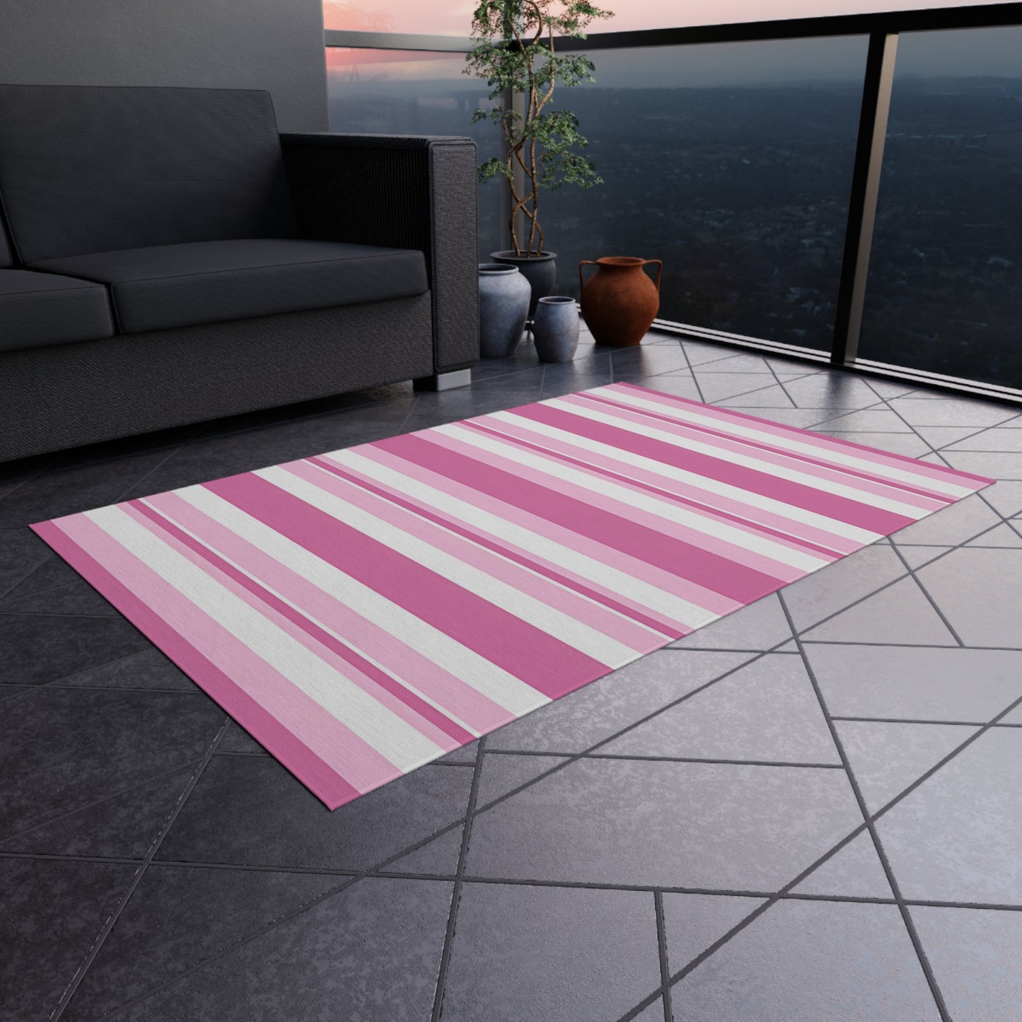 Pink Stripe Outdoor/Indoor Rug | Patio Mat, Waterproof Porch Rug