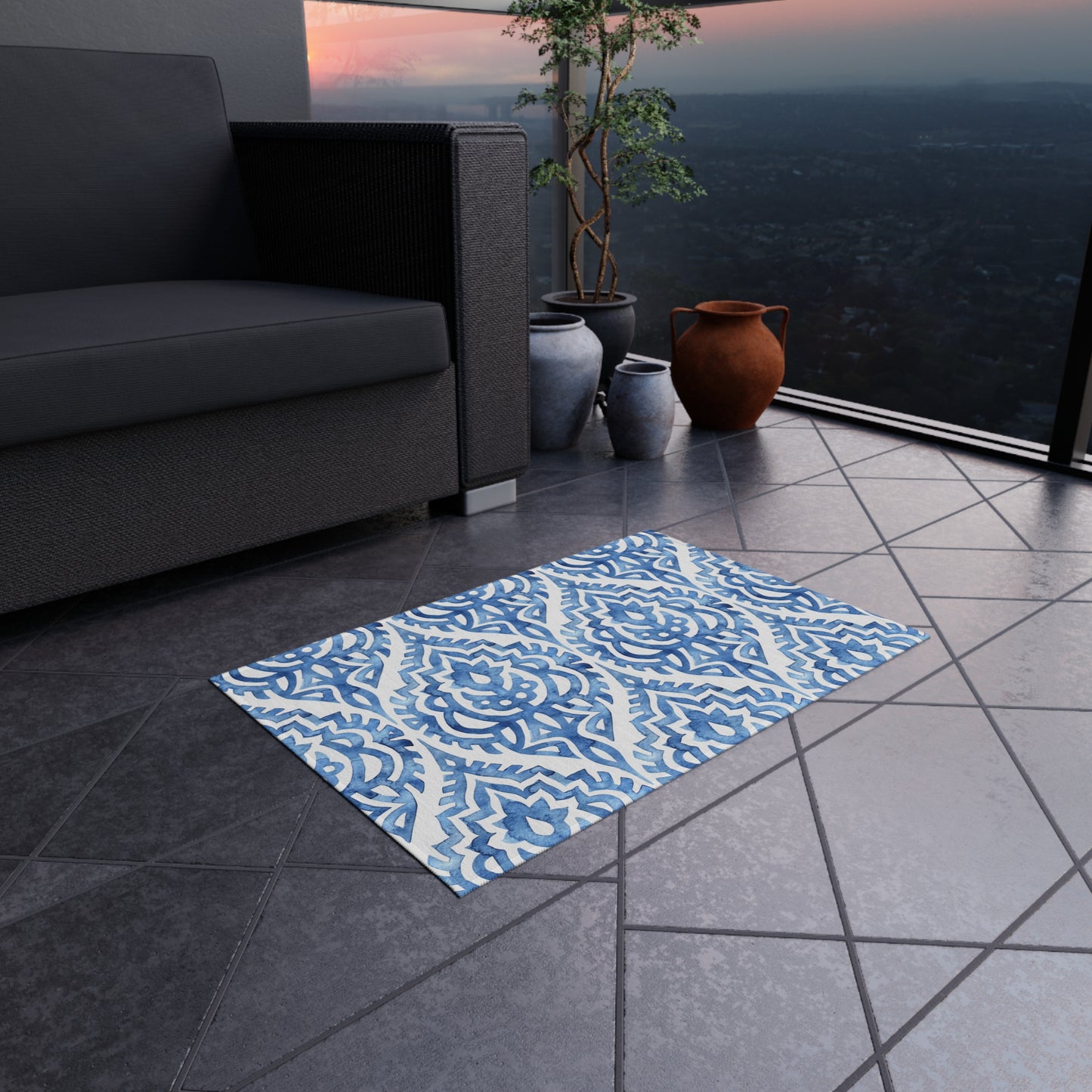 Outdoor/Indoor Rug in Elegant Blue Pattern, Patio Decor, Garden Style, Camping Accessory, Indoor/Outdoor Mat - LOLA VEGAS ART
