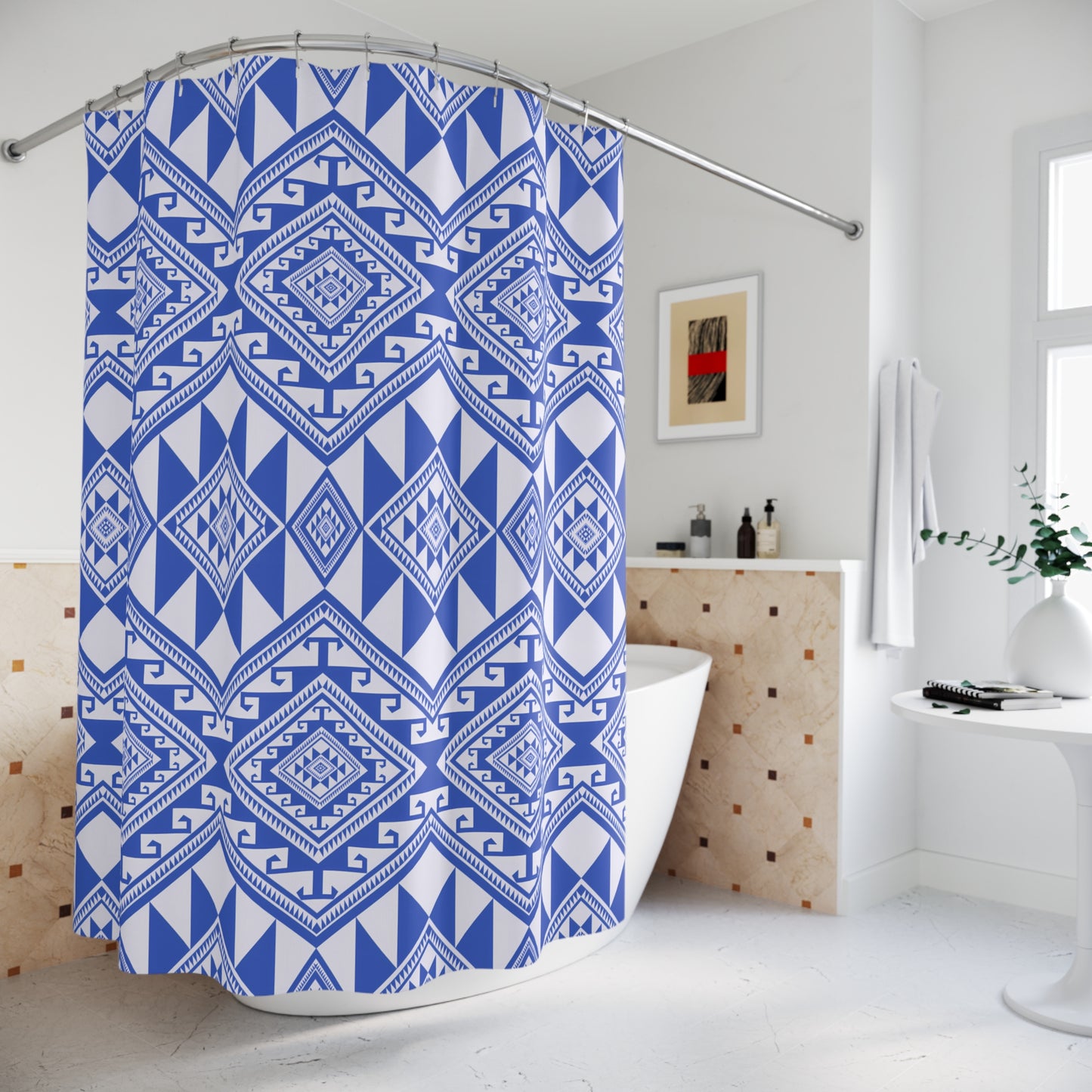 Trendy Geometric Shower Curtain, Modern Bathroom Decor, Boho Chic Home Accessory, Gift for Housewarming, Blue and White Design - LOLA VEGAS ART