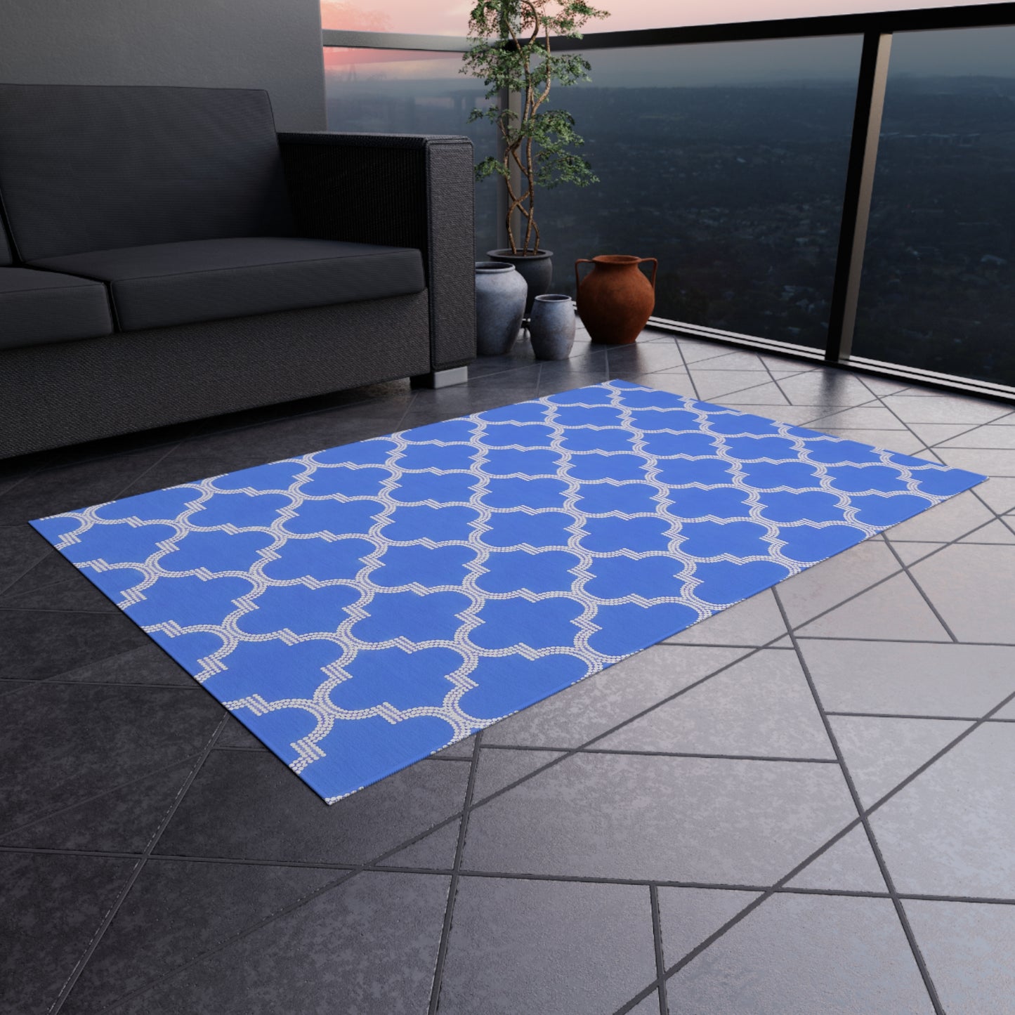 Blue Periwinkle Moroccan Trellis Outdoor/Indoor Rug | Geometric Patio Mat