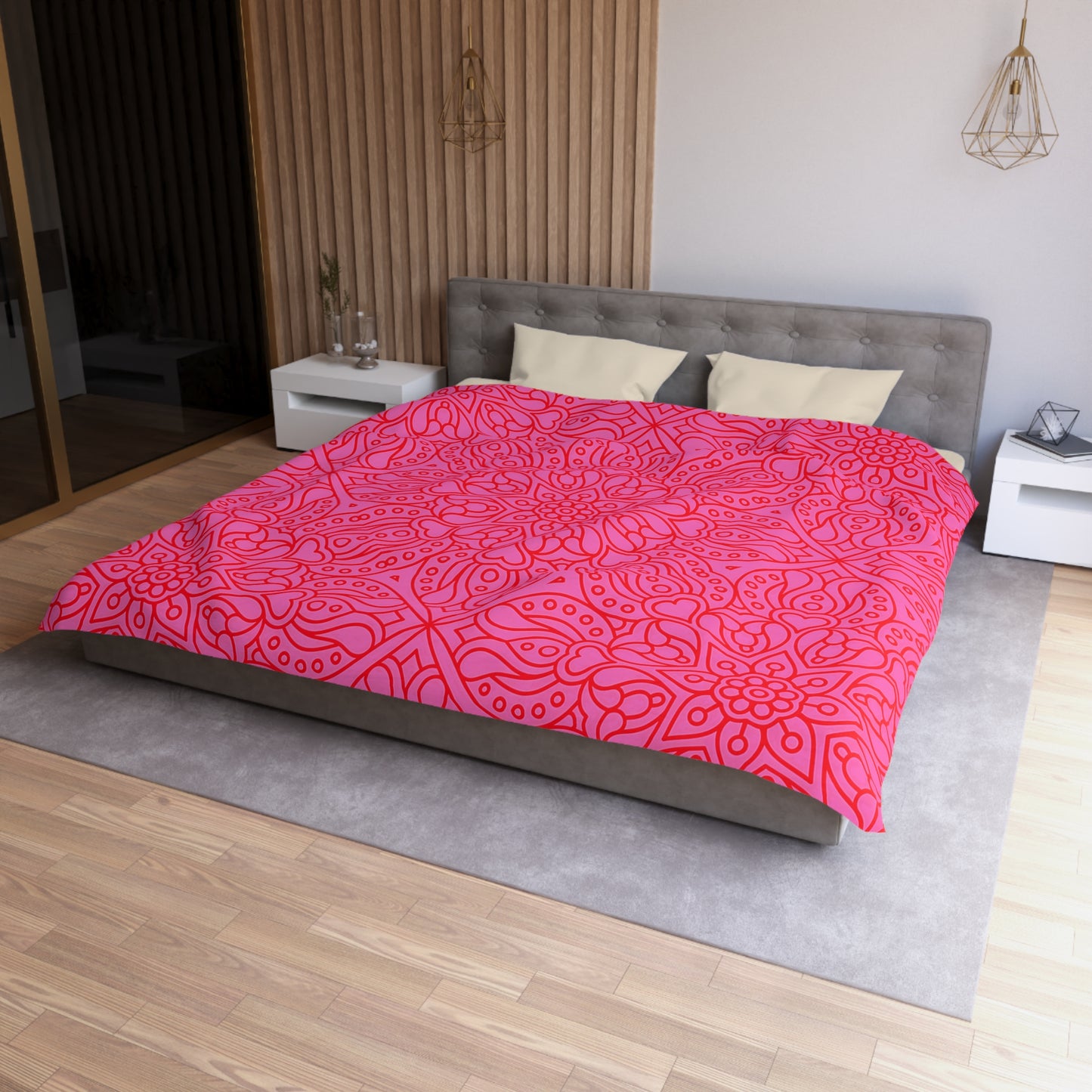 Bright Pink Floral Microfiber Duvet Cover, Cozy Bedding, Home Decor, Boho Chic Bedroom, Pink Mandala Design Bedroom Decor - LOLA VEGAS ART