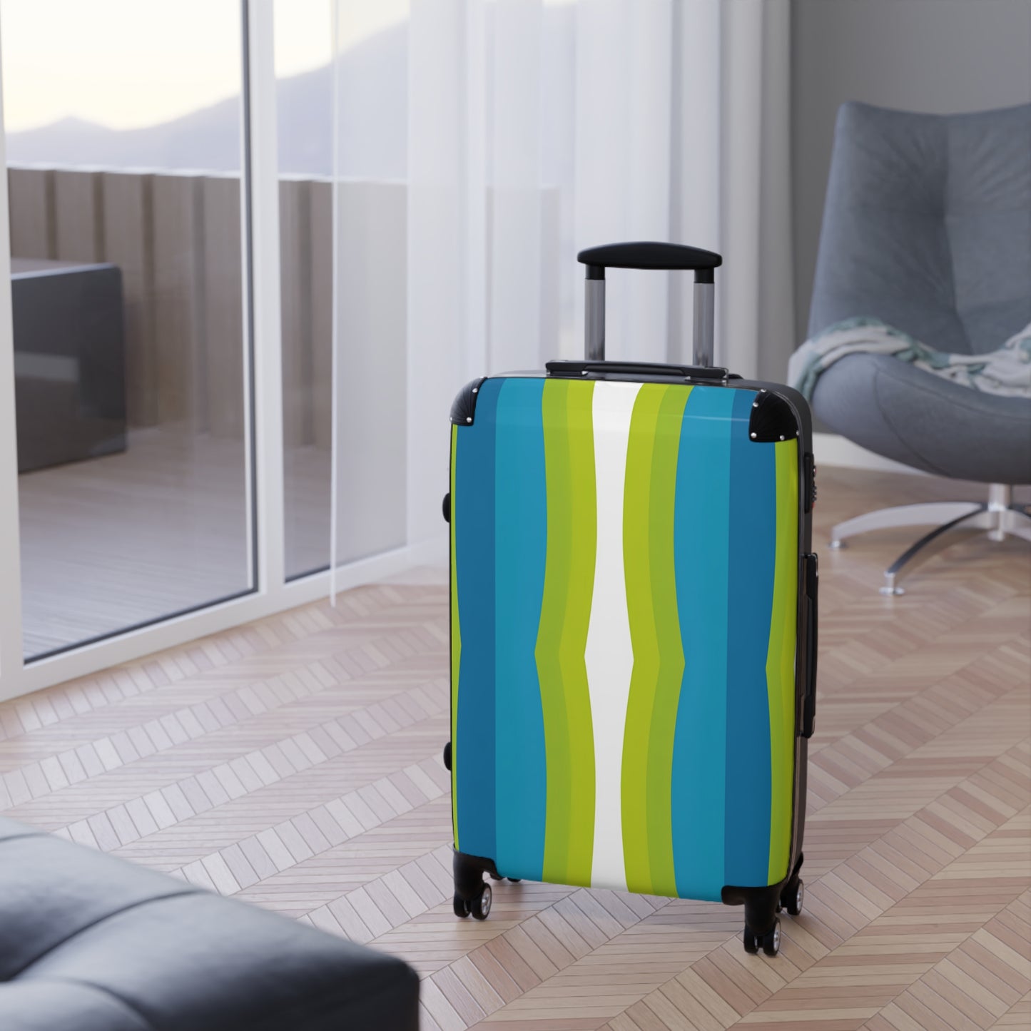 Blue Green Wave Stripe Suitcase | Travel Luggage