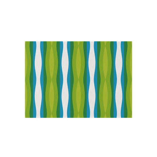 Green Blue White Wave Pattern Outdoor Rug | Striped Patio Mat