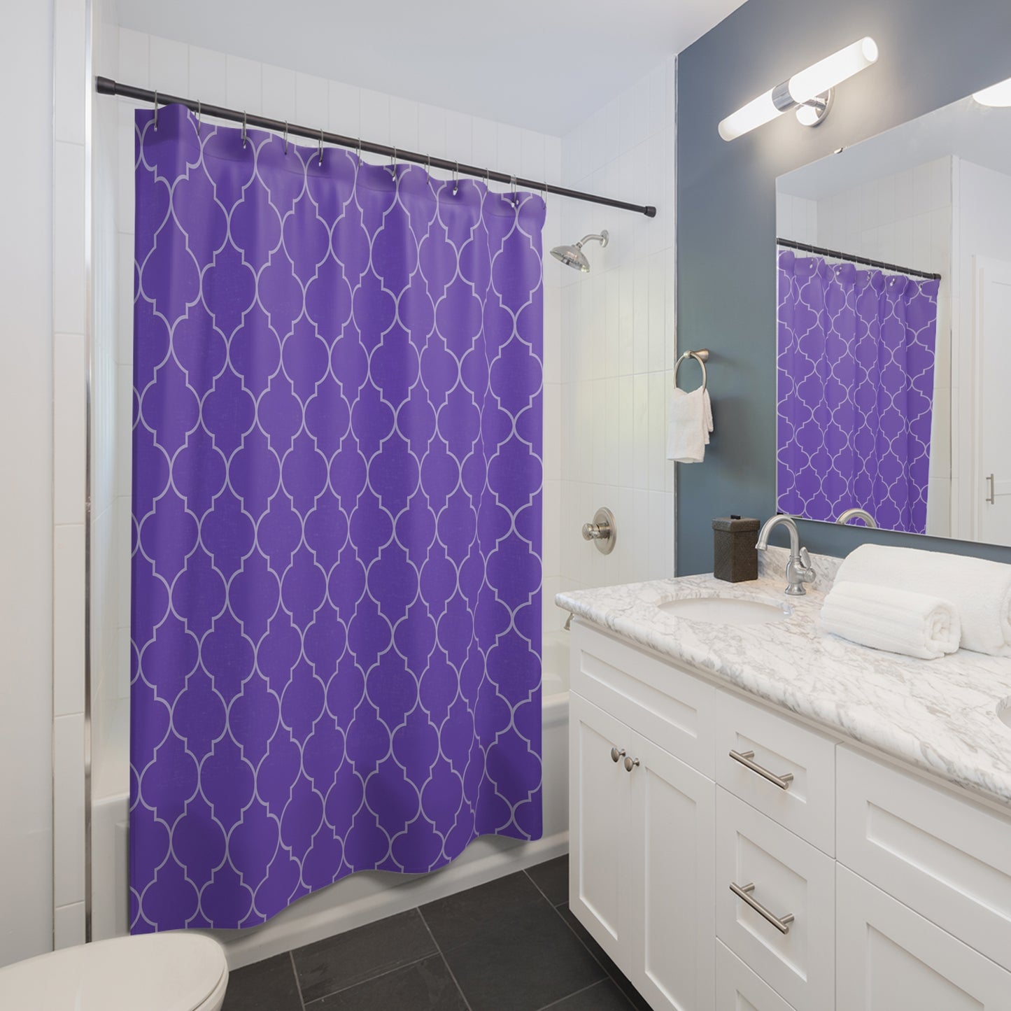 Modern Geometric Shower Curtain - Purple Quatrefoil Pattern, Bathroom Decor, Home Essentials, Stylish Bathing, Gift Ideas, Ethnic Bathroom - LOLA VEGAS ART