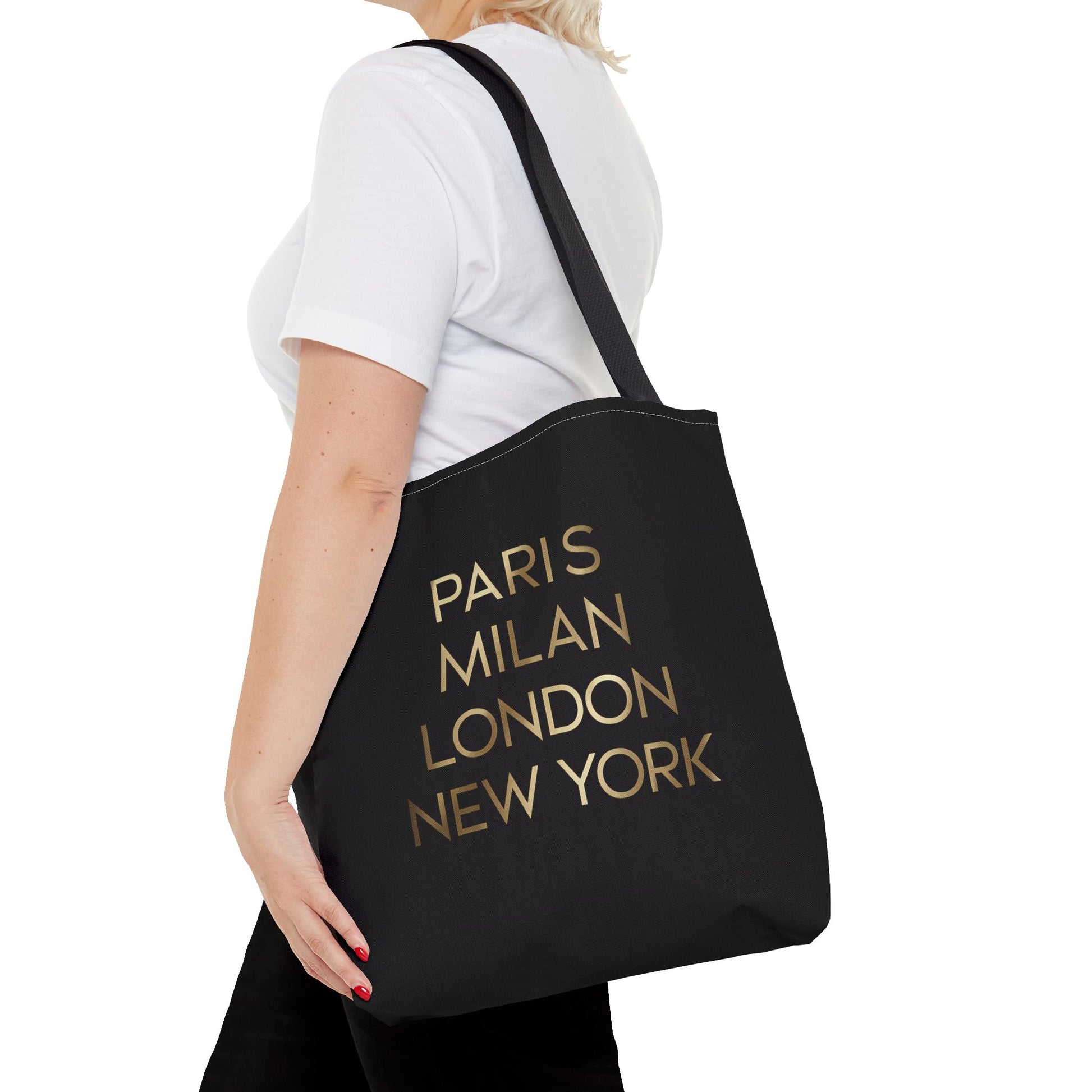 Fashionista Style Black Tote Bag - Paris Milan London New York Gold Typography, Travel Accessory, City Names, Shopping Bag, Fashion Lover - LOLA VEGAS ART