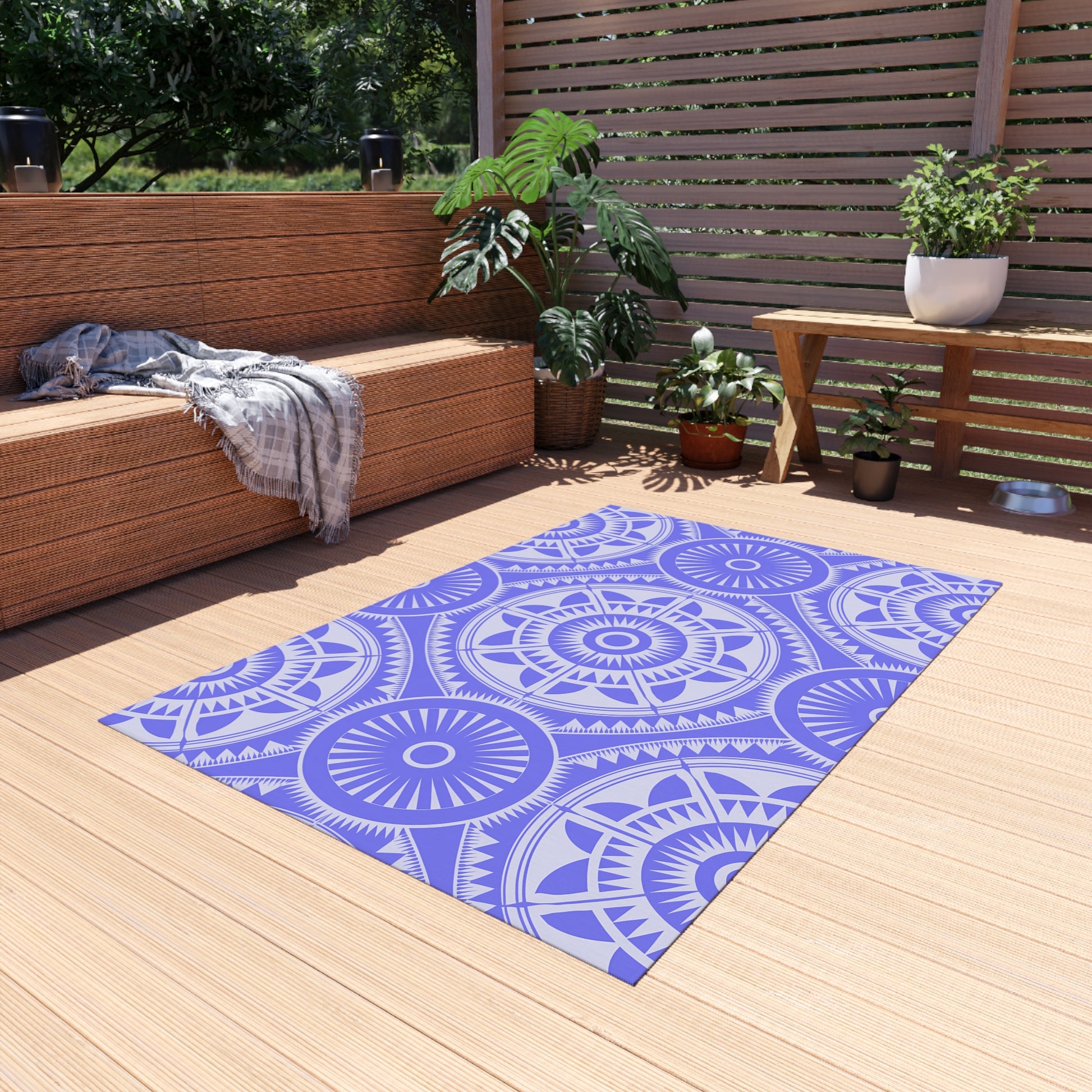 Purple and White Mandala Boho Outdoor Rug - Perfect for Patios, Picnics, Beach Fronts, Home Decor, Easy to Clean, Versatile Area Mat - LOLA VEGAS ART