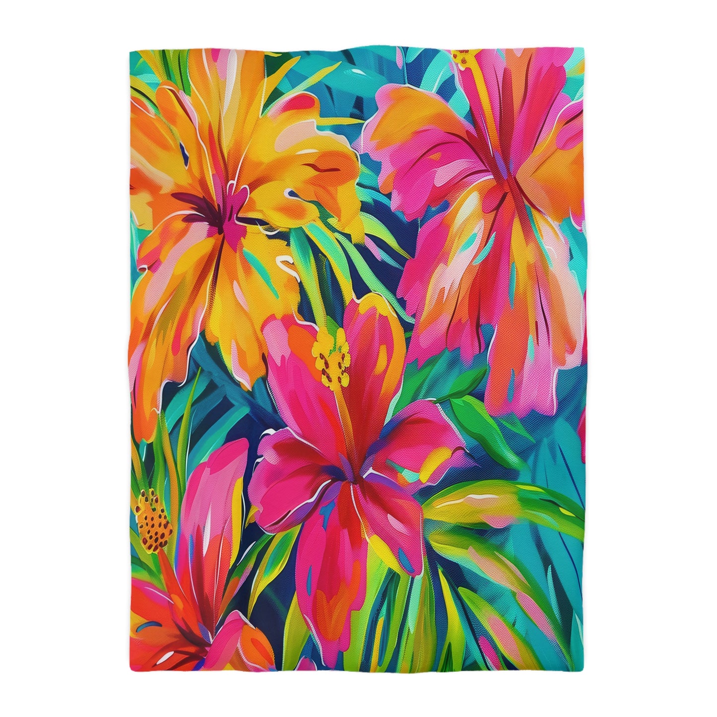 Tropical Floral Microfiber Duvet Cover - Vibrant Bedding, Boho Home Decor, Floral Print Cover, Summer Vibes, Gift for Her, Pink and Green - LOLA VEGAS ART