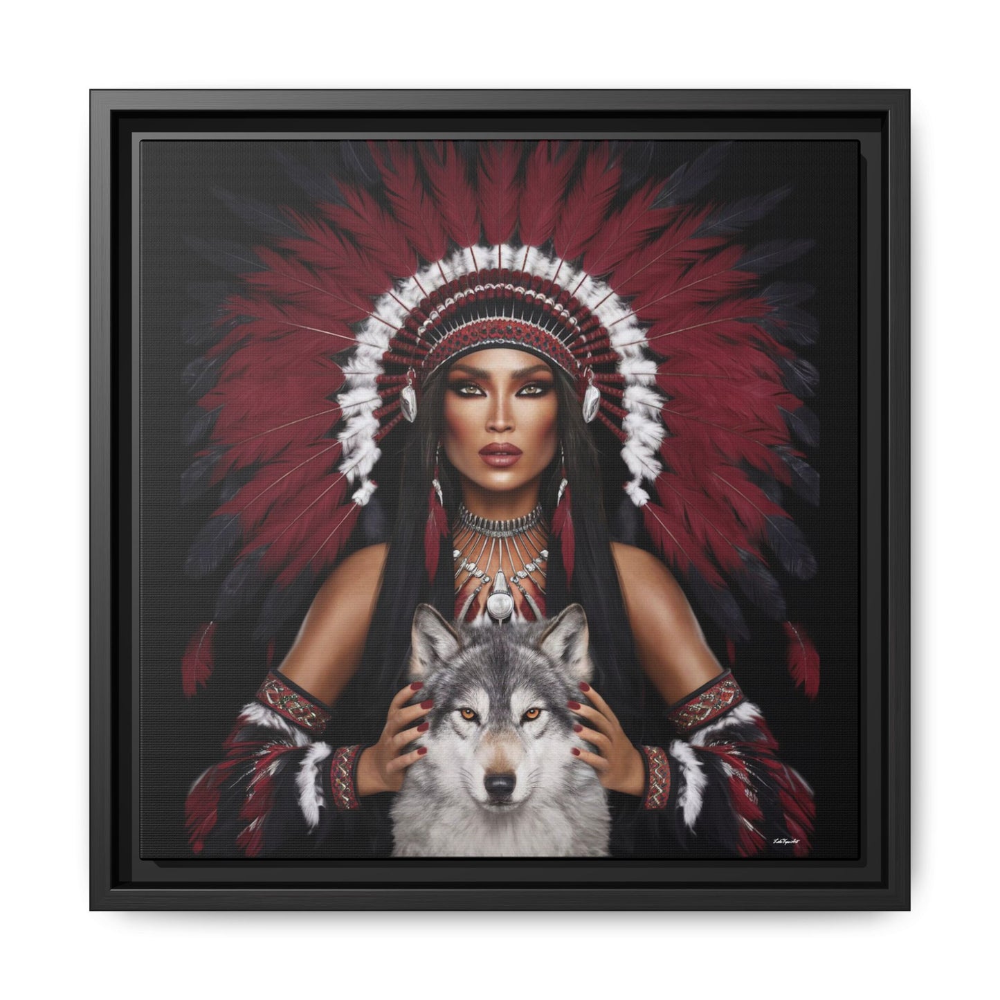 Canvas Wall Art,  Woman with White Wolf, Southwestern Home Decor, Square Framed Print, Multi-color, Burgundy Black Feather - LOLA VEGAS ART