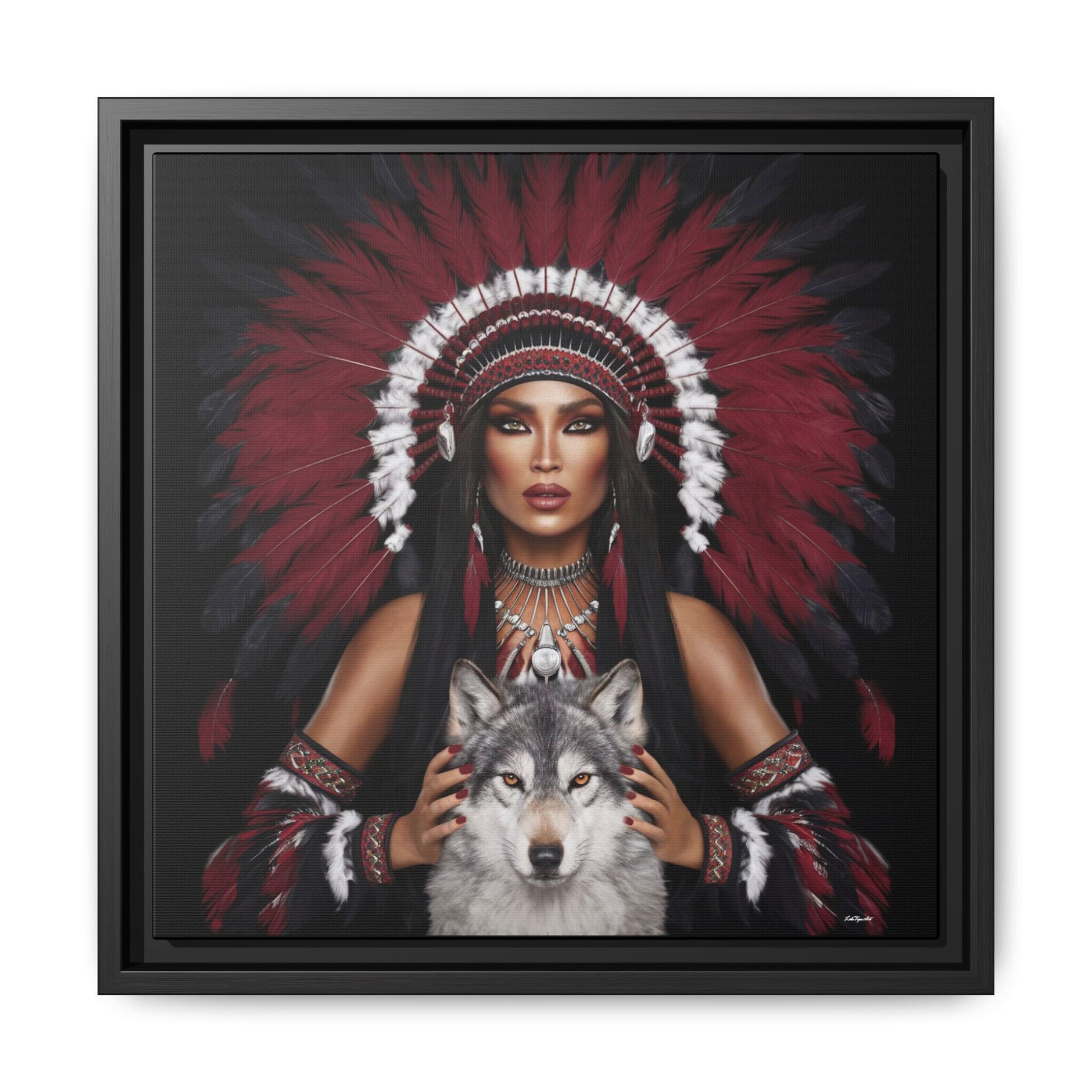Canvas Wall Art,  Woman with White Wolf, Southwestern Home Decor, Square Framed Print, Multi-color, Burgundy Black Feather - LOLA VEGAS ART