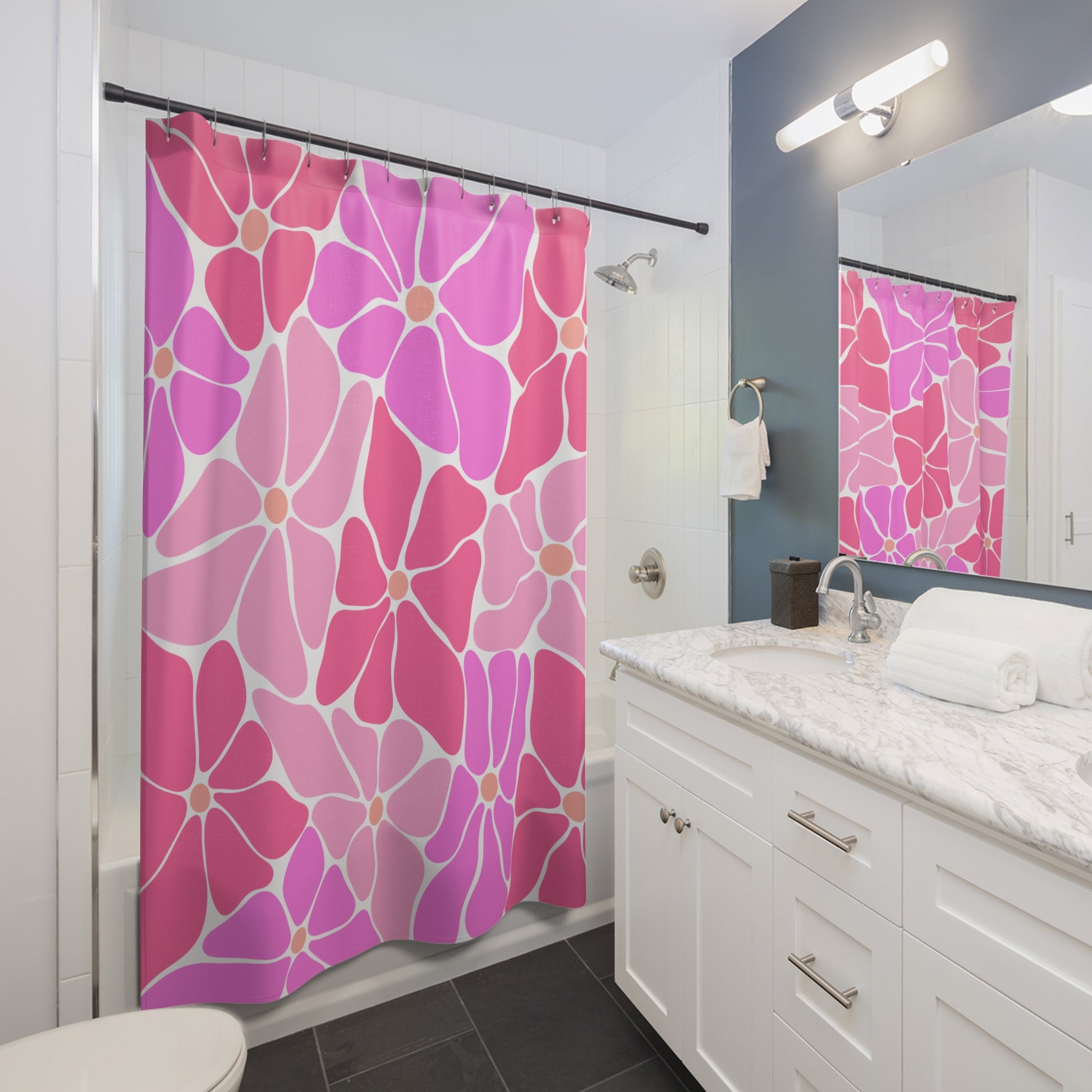 Vibrant Floral Shower Curtain, Chic Bathroom Decor, Pink Blossom Design, Modern Home Accessory, Gift for Flower Lovers, Spring Vibes - LOLA VEGAS ART