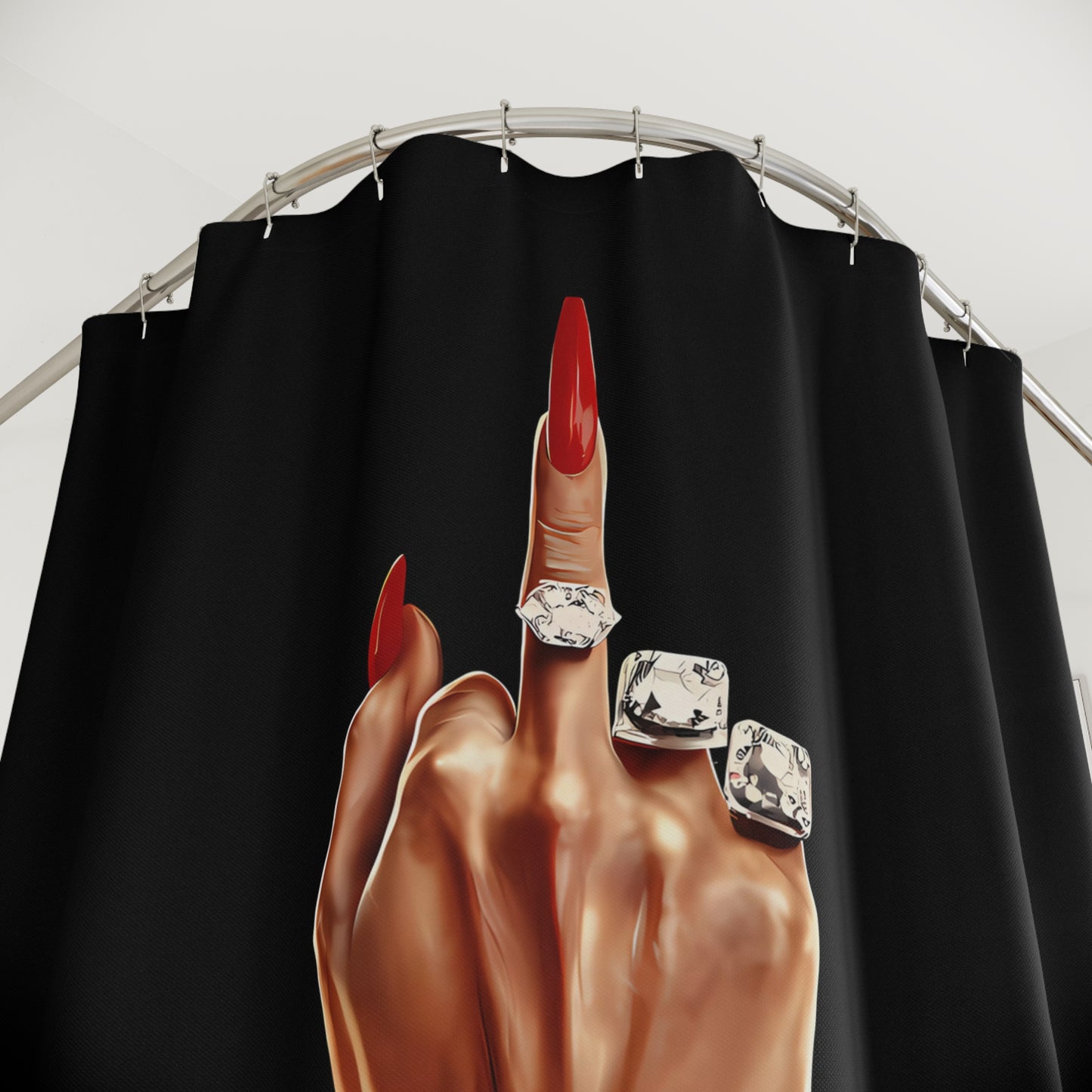 Funny Woman's Hand Shower Curtains - Defiant, Empowering Bathroom Decor, Black Curtain - LOLA VEGAS ART