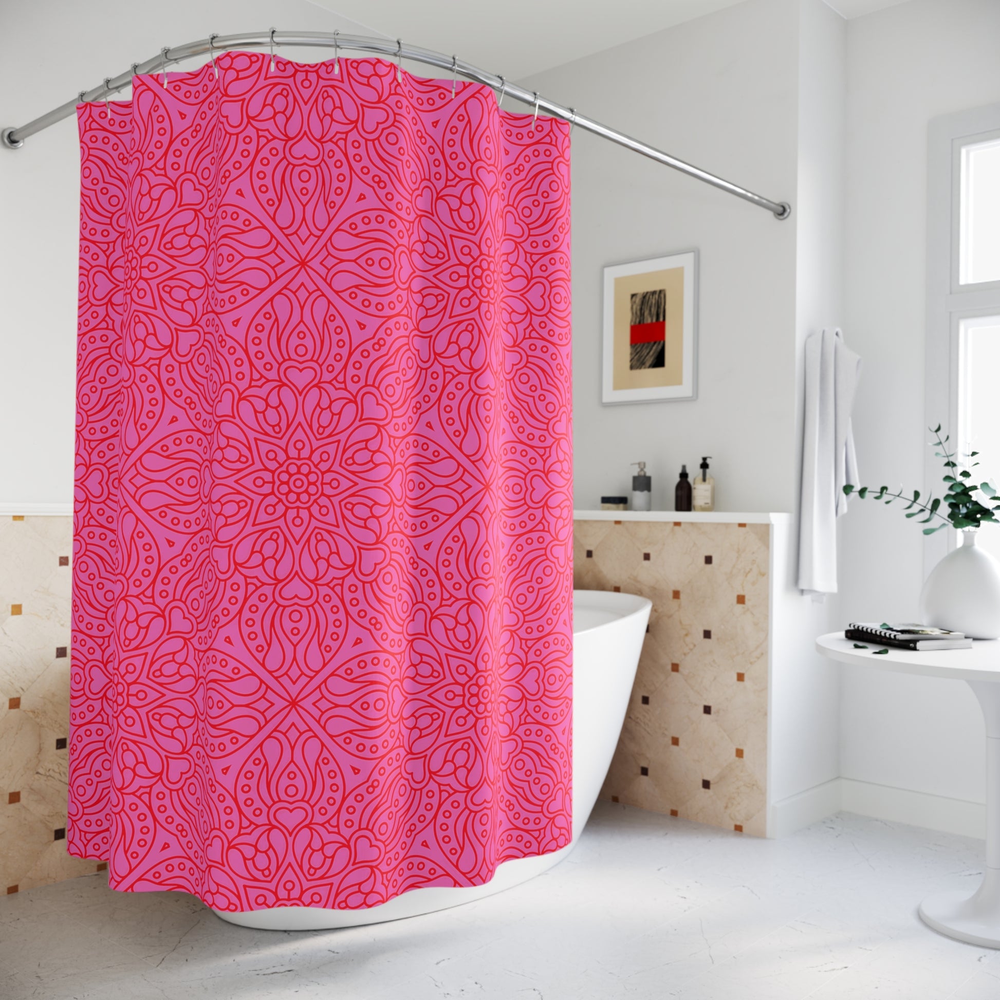Bohemian Pink Shower Curtain, Vibrant Bathroom Décor, Floral Design, Gift for Home, Modern Bath Accessories, Mandala Shower Curtain - LOLA VEGAS ART