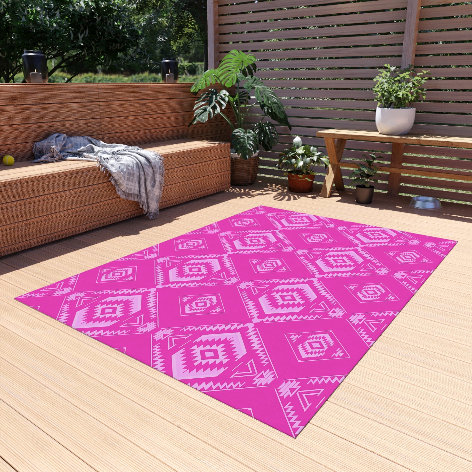 Fuchsia Southwestern Vibrant Outdoor Rug - Pink Geometric Pattern, Patio Decor, Boho Chic, Outdoor Spaces, Garden Mat, Home Essentials - LOLA VEGAS ART