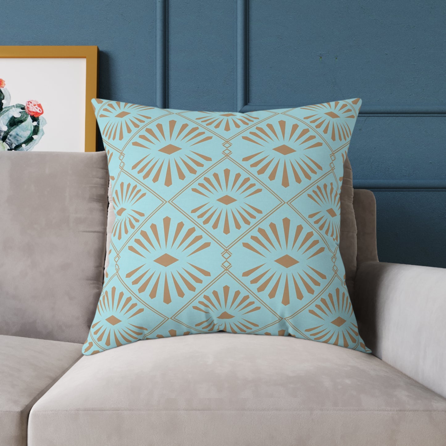 Dark Gold Geometric Fan Pattern Square Poly Canvas Pillow | Turquoise Throw Pillow