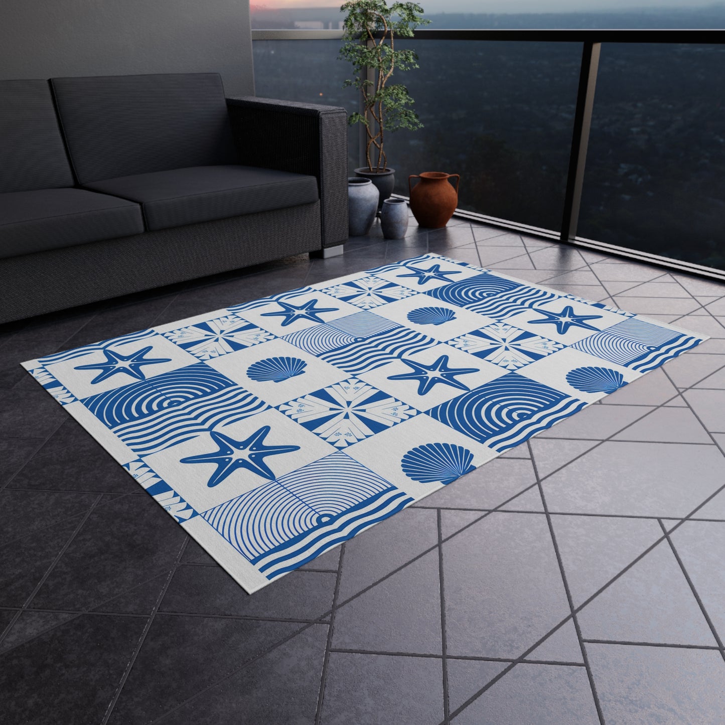 Nautical Seashell Starfish Checkered Outdoor/Indoor Rug | Coastal Patio Mat