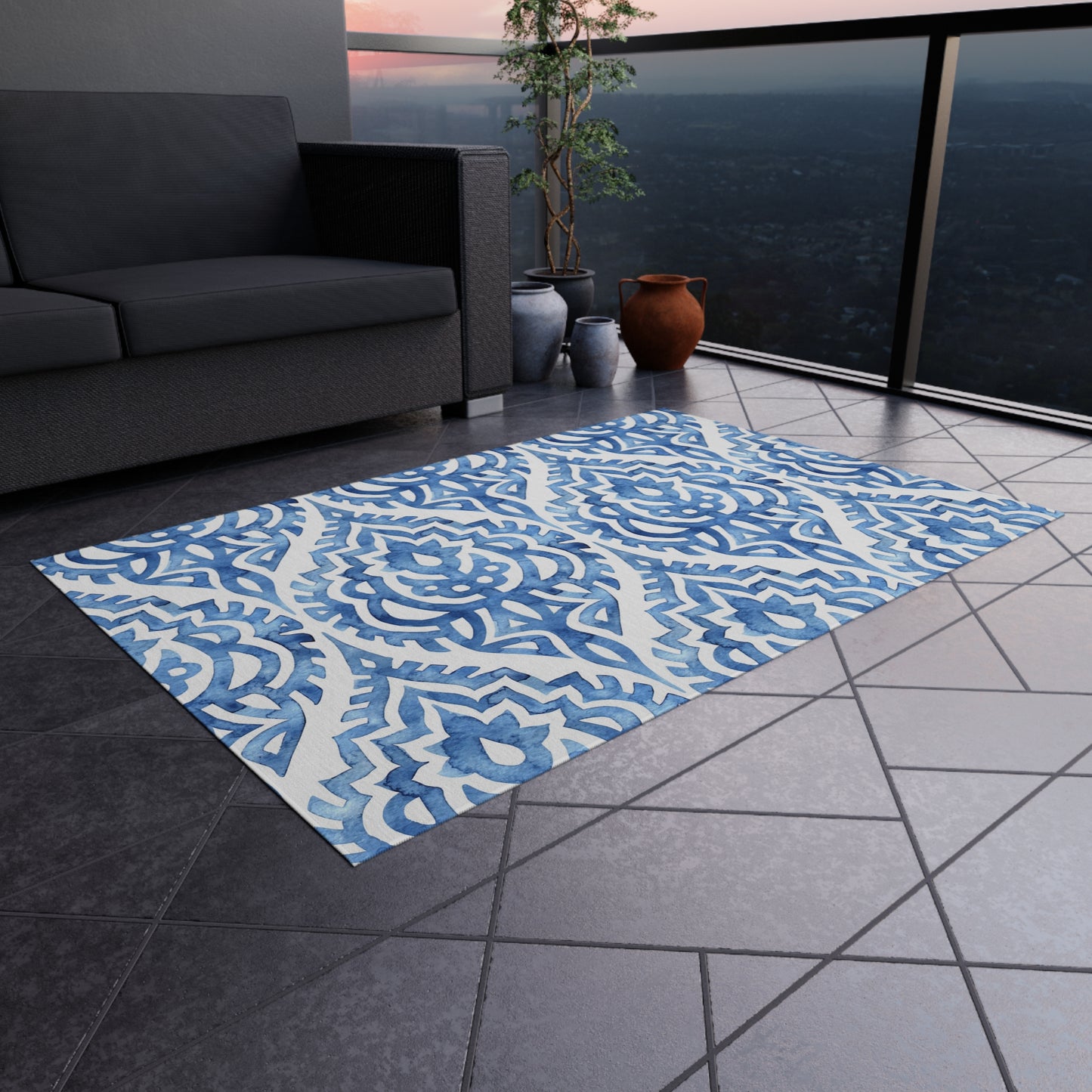 Outdoor/Indoor Rug in Elegant Blue Pattern, Patio Decor, Garden Style, Camping Accessory, Indoor/Outdoor Mat - LOLA VEGAS ART