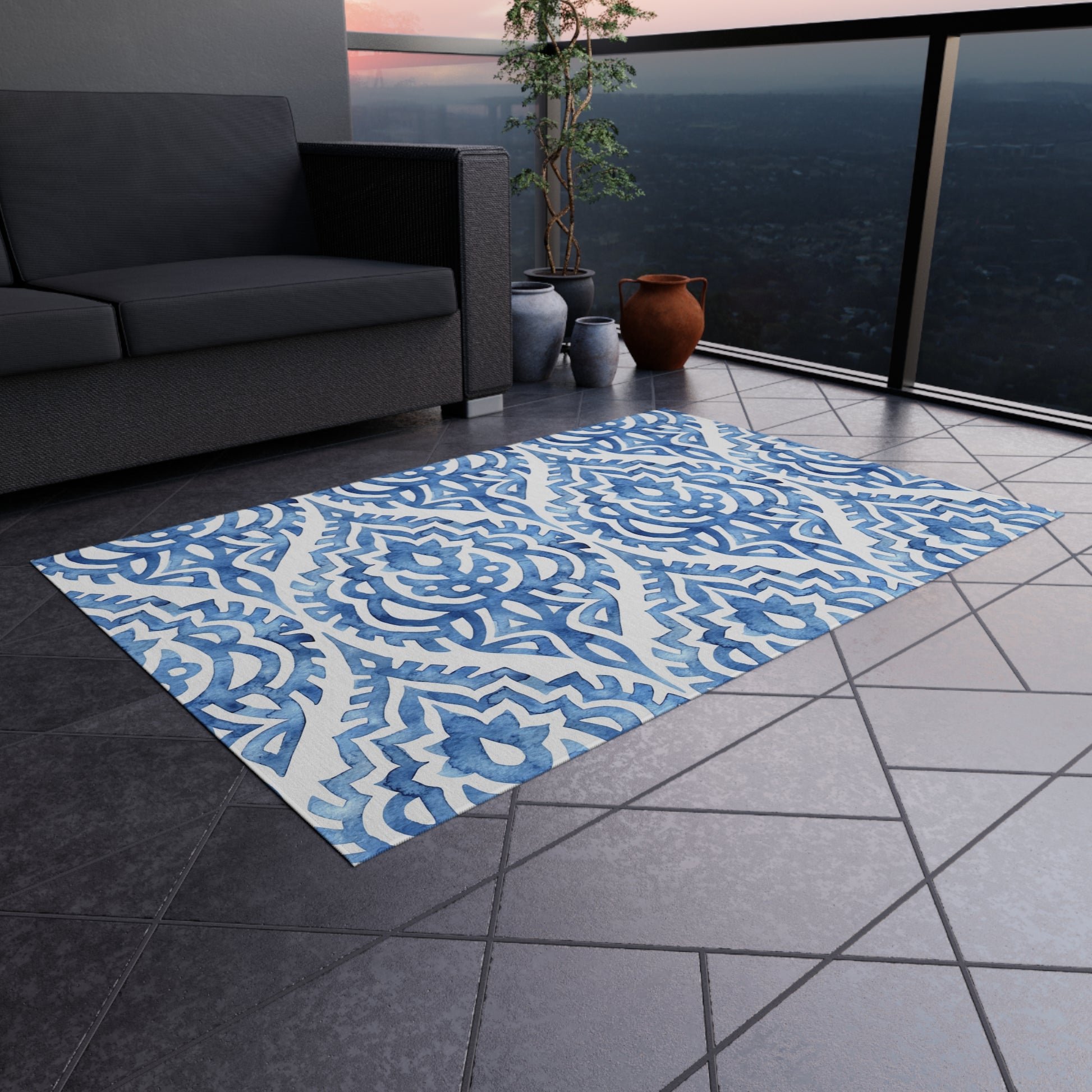 Outdoor/Indoor Rug in Elegant Blue Pattern, Patio Decor, Garden Style, Camping Accessory, Indoor/Outdoor Mat - LOLA VEGAS ART