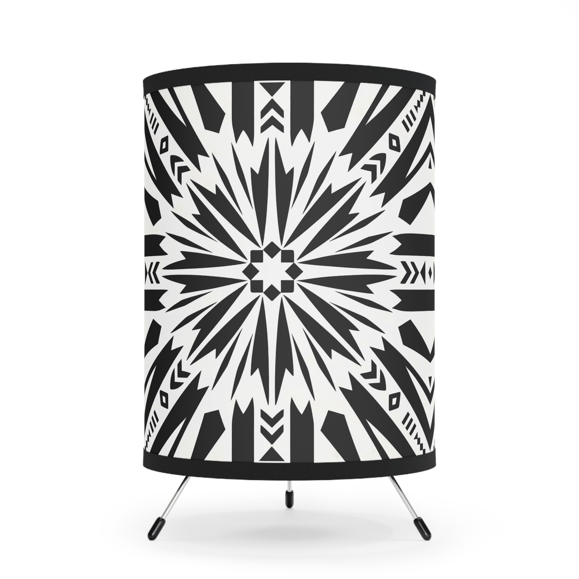 Black and White Modern Tribal Tripod Lamp with Bold High-Res Print, Boho Decor, Living Room Accent, Unique Lighting - LOLA VEGAS ART