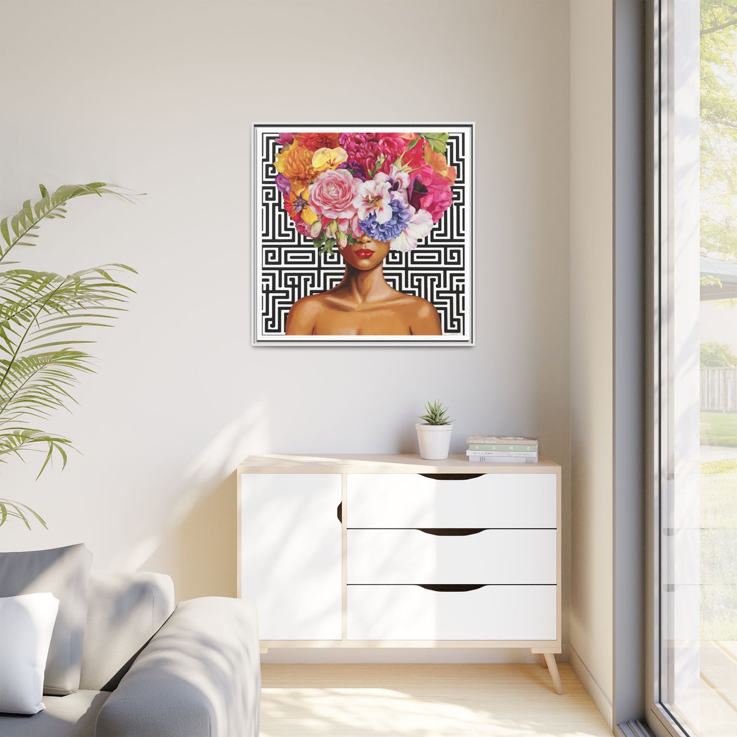 Framed Art Canvas: Vibrant Floral Portrait Decor, Boho Wall Art, Home Gallery, Gift for Her, Inspirational Art, Woman With Flower Head - LOLA VEGAS ART