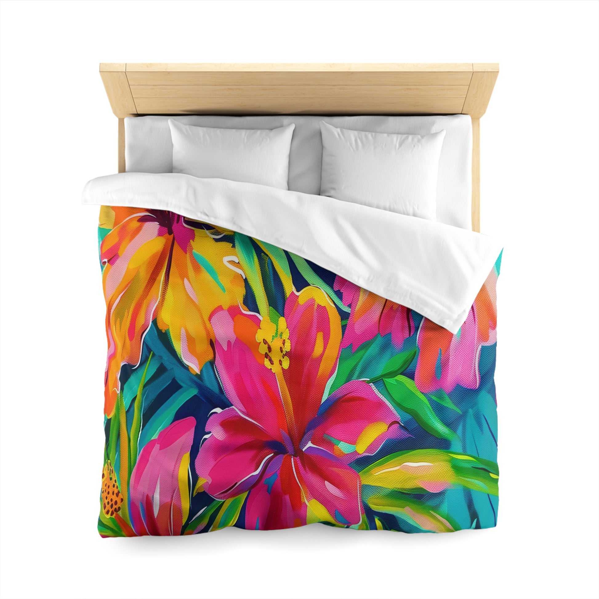 Tropical Floral Microfiber Duvet Cover - Vibrant Bedding, Boho Home Decor, Floral Print Cover, Summer Vibes, Gift for Her, Pink and Green - LOLA VEGAS ART