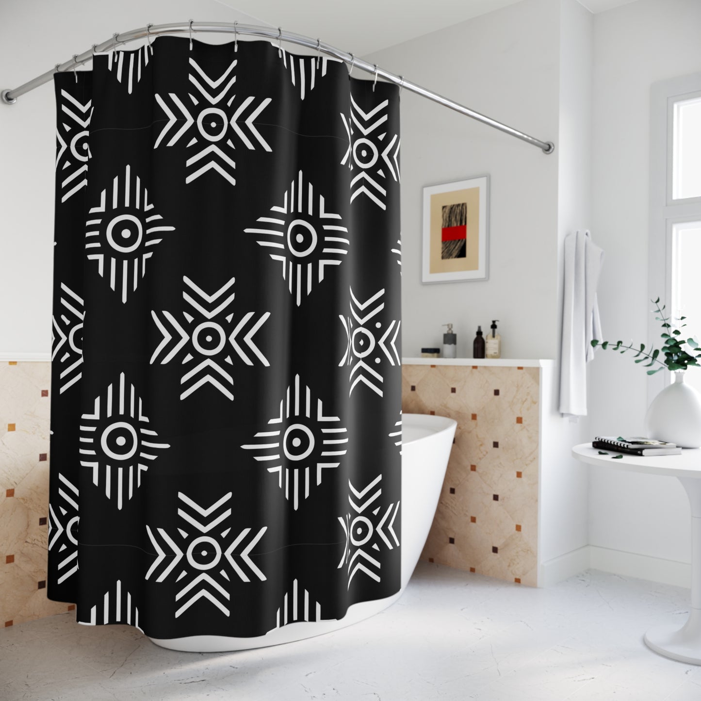 Black White Tribal Geometric Shower Curtain | Aztec Pattern Bathroom Decor