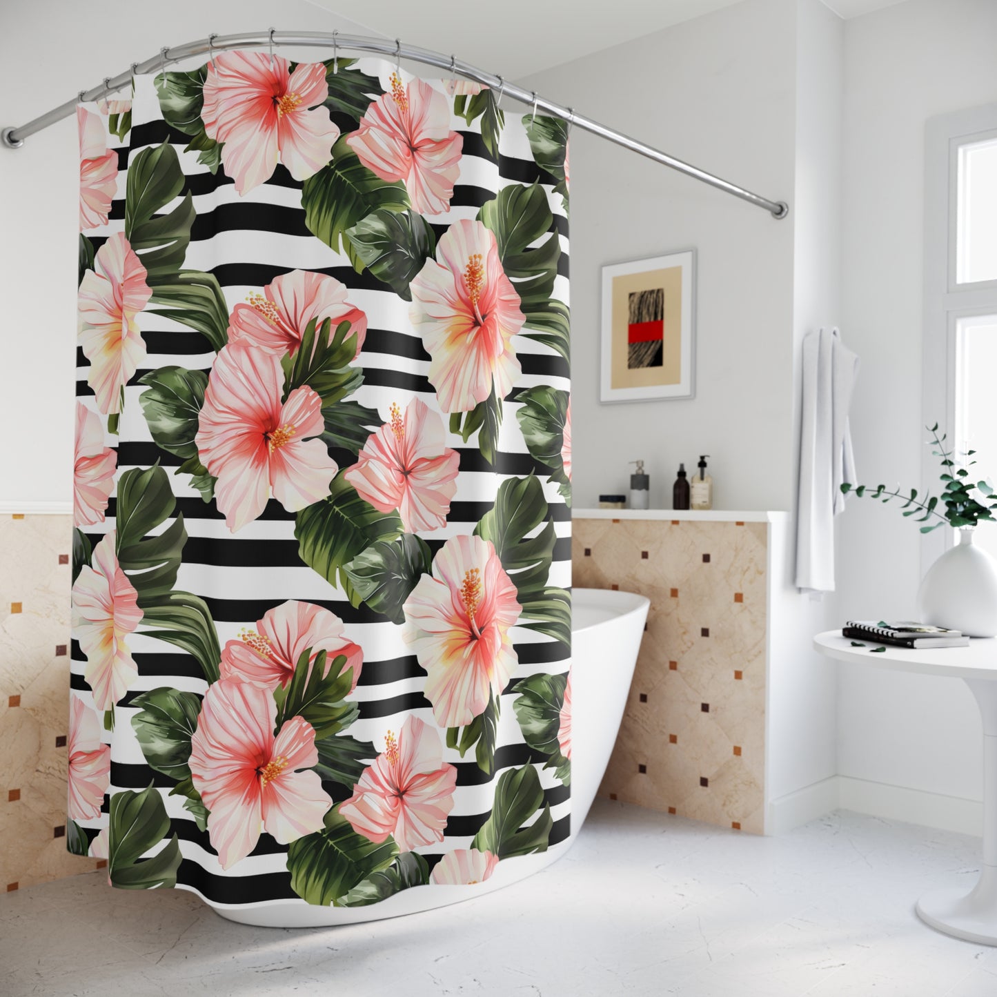 Tropical Floral Shower Curtain - Vibrant Bathroom Decor, Tropical Vibe, Beach House, Gift Idea, Hibiscus Pattern - LOLA VEGAS ART