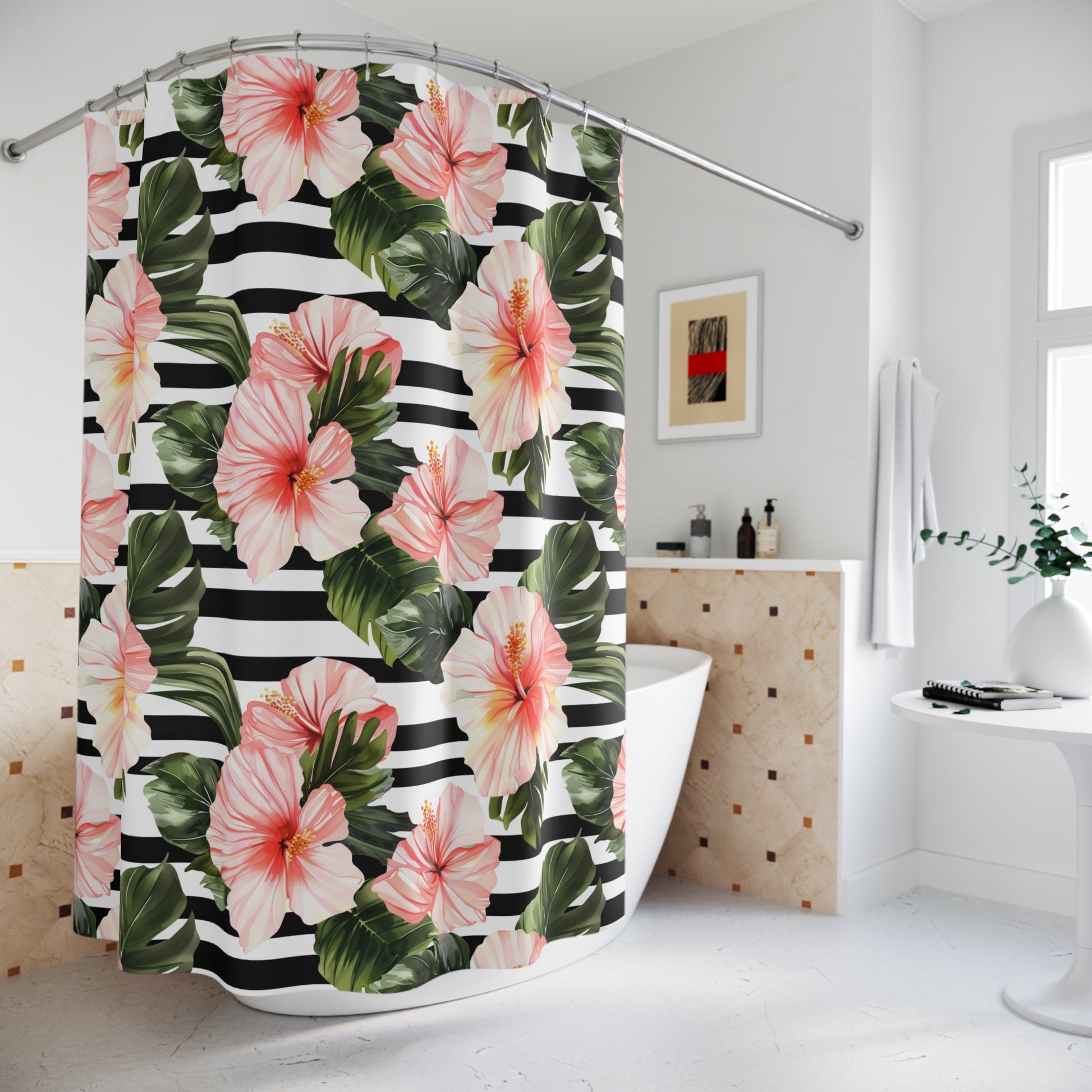 Tropical Floral Shower Curtain - Vibrant Bathroom Decor, Tropical Vibe, Beach House, Gift Idea, Hibiscus Pattern - LOLA VEGAS ART