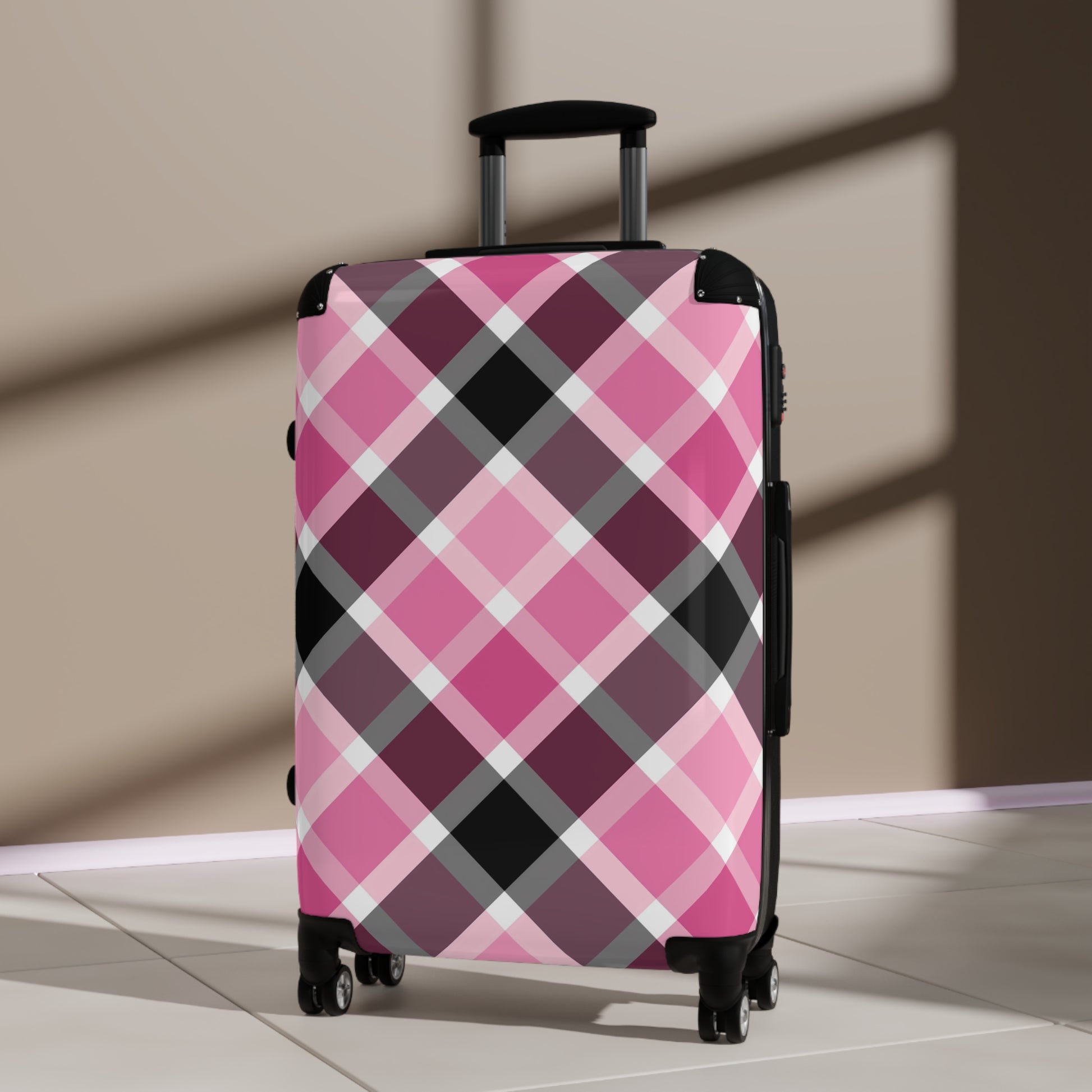 Stylish Plaid Suitcase for Travel, Luggage, Gift for Travelers, Vacation Essentials, Stylish Travel Gear, Pink and Black, Preppy Suitcase - LOLA VEGAS ART