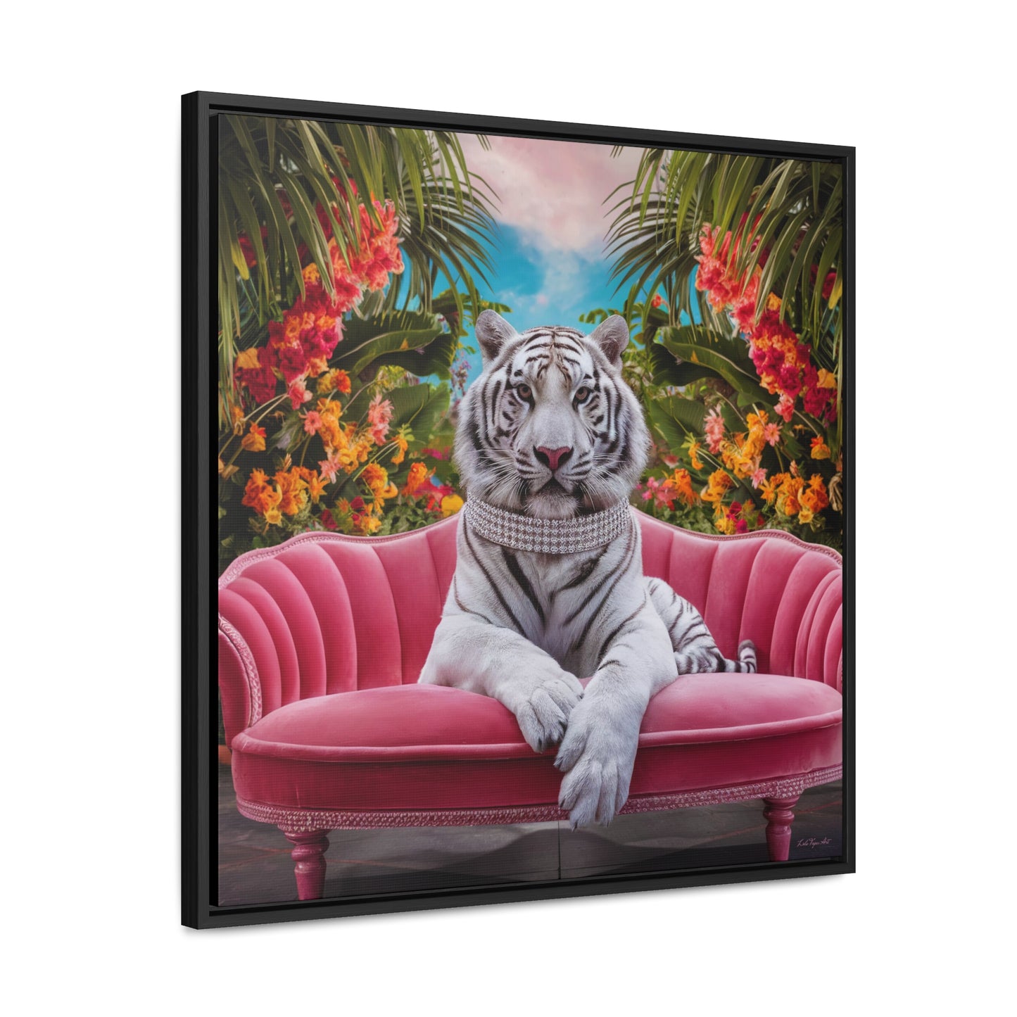 Square Frame Wall Art, Majestic White Tiger Diamond Collar Pink Velvet Couch Canvas, Tropical Flowers, Gallery Canvas Wraps - LOLA VEGAS ART