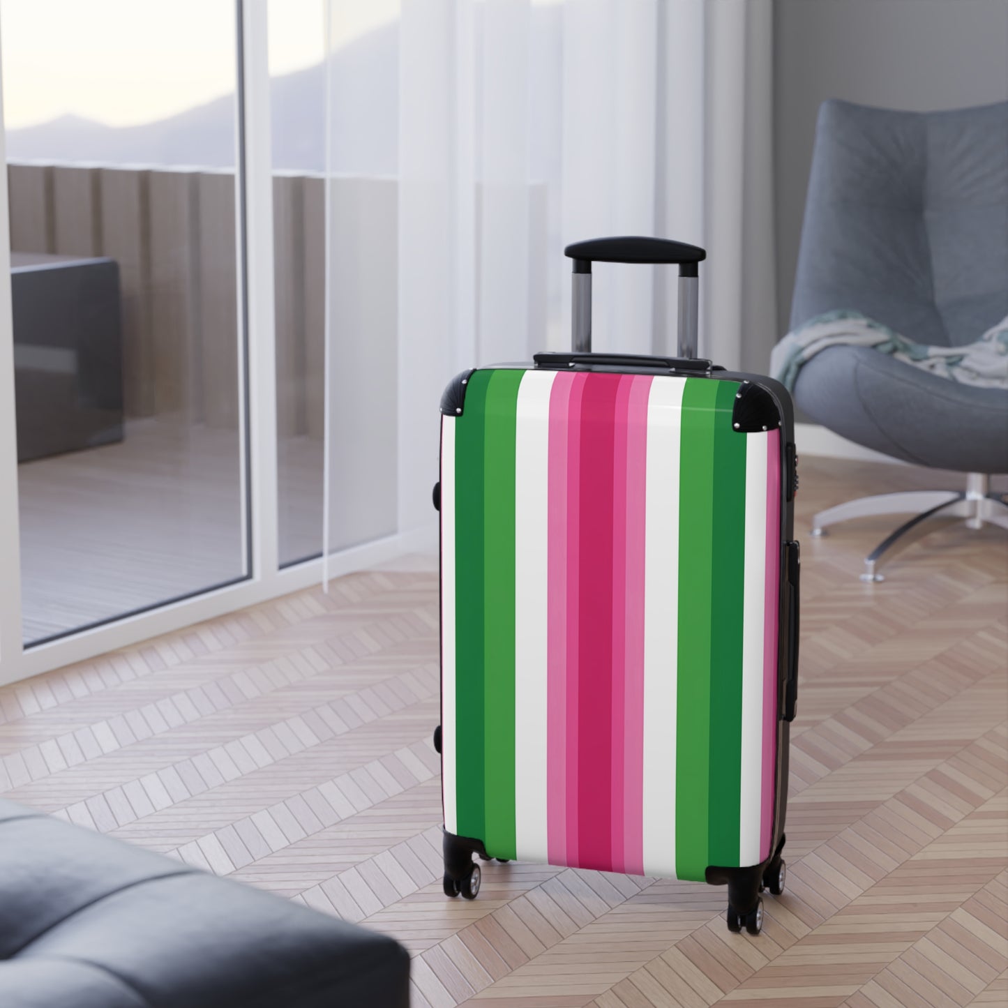 Pink & Green Stripe Suitcase | Vertical Color Block Luggage
