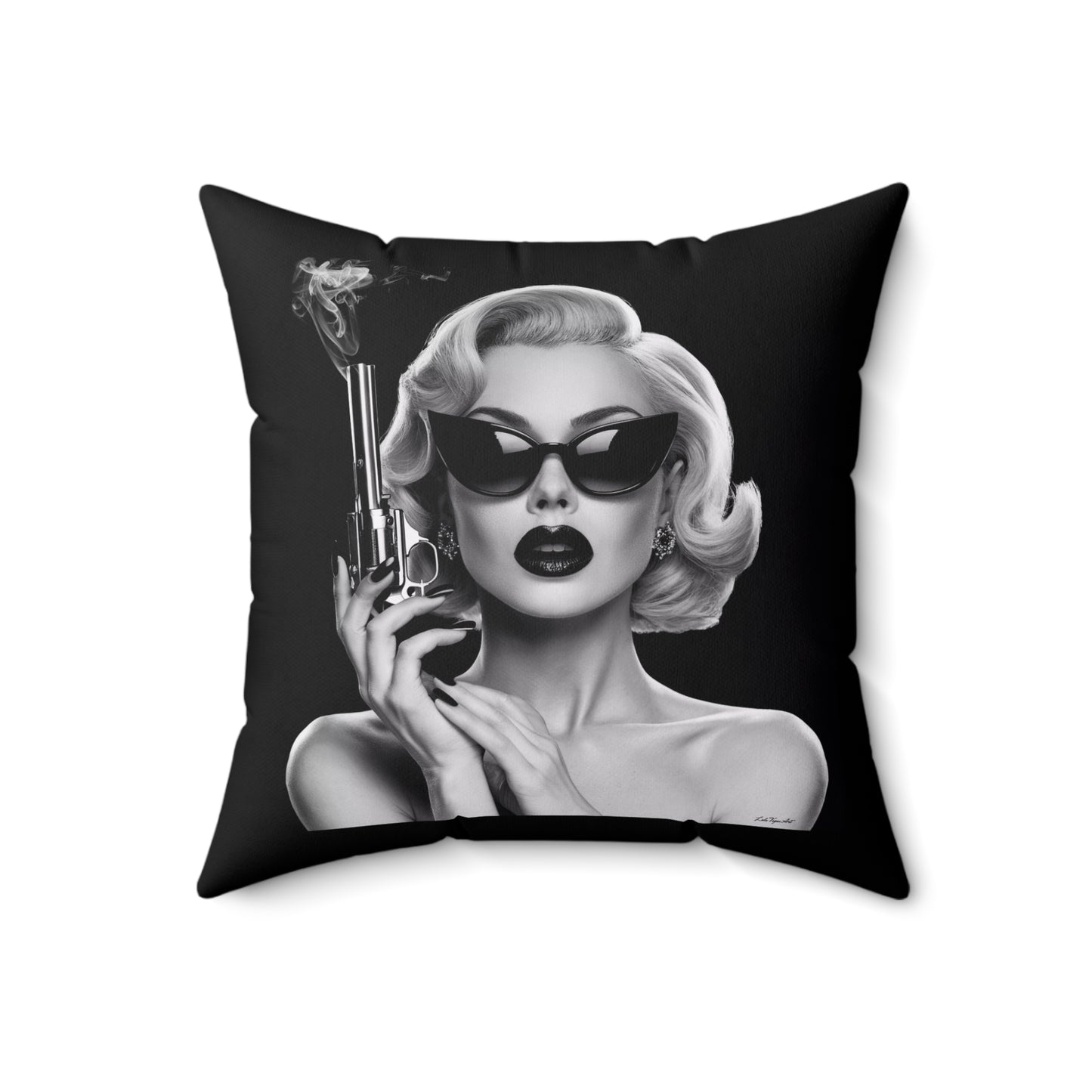 Square Pillow, Retro Femme Fatale Smoking Revolver Square Throw Pillow, Film Noir Hollywood Regency Glamorous Home Decor, Black Sunglasses - LOLA VEGAS ART